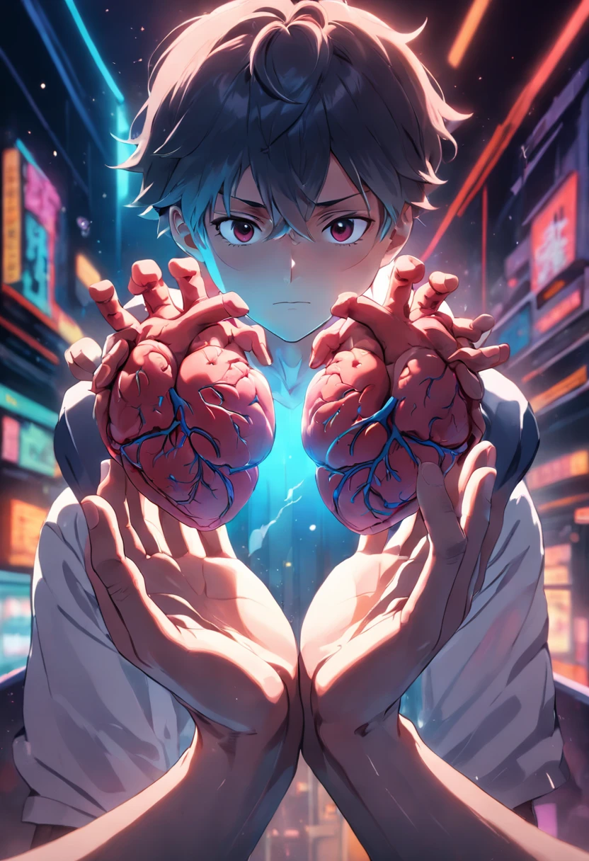 A man holding a brain on one hand and holding a heart on the other hand, realistic photography