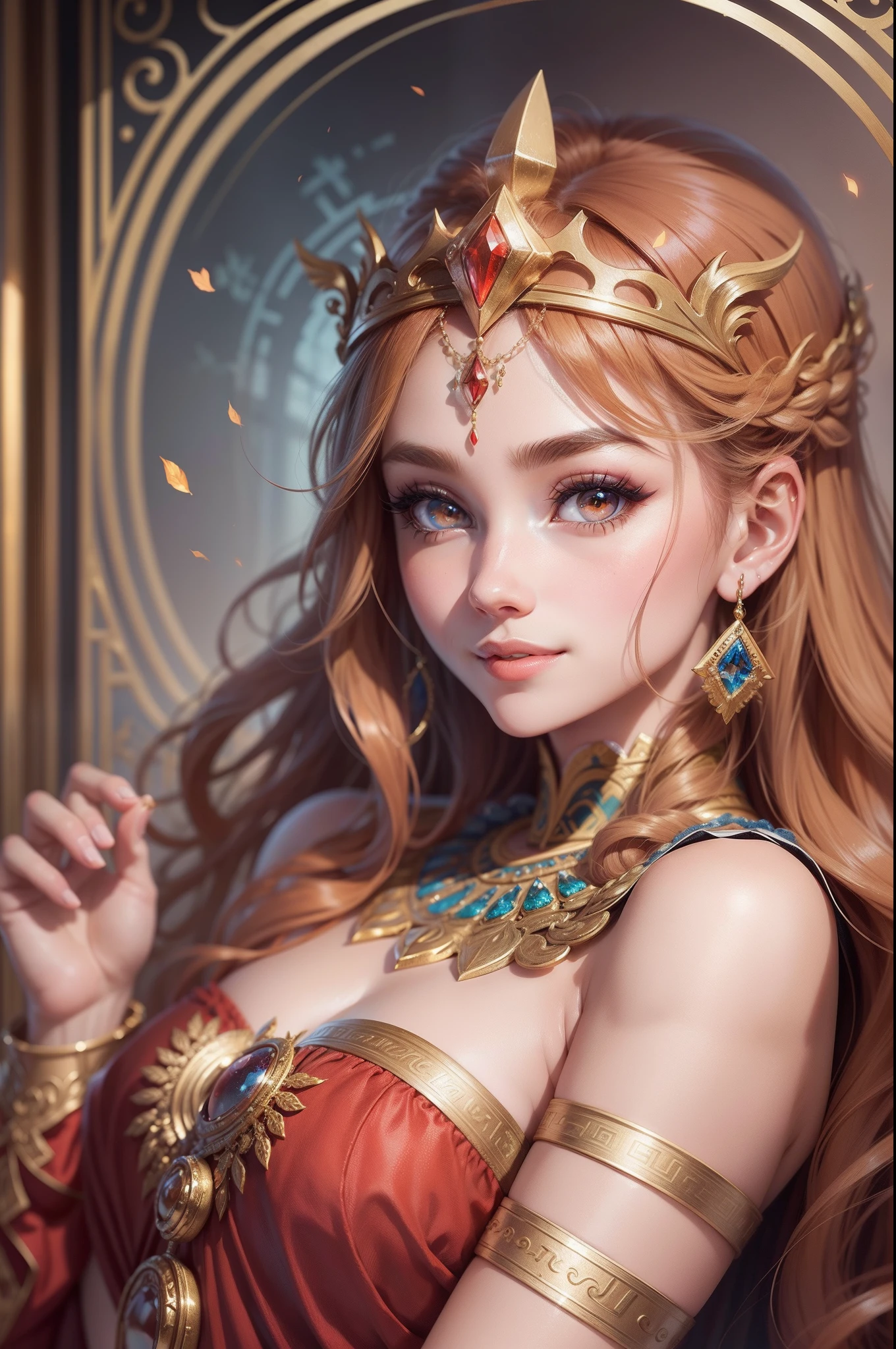 The personification of Hercules in Greek mythology 、infp young woman、Demigod、heroes、Dress like a hero(Main Red, Subgreen)、The background is a temple、Miss King's Tiara、Sophisticated illustrations、Big eyes、Transparent eyes、Beautiful makeup、long eyeslashes、A smile、Smile、、Solo Photography、beatiful detailed eyes、vertical stripes imagem 4k 超A high resolution、Overall photo