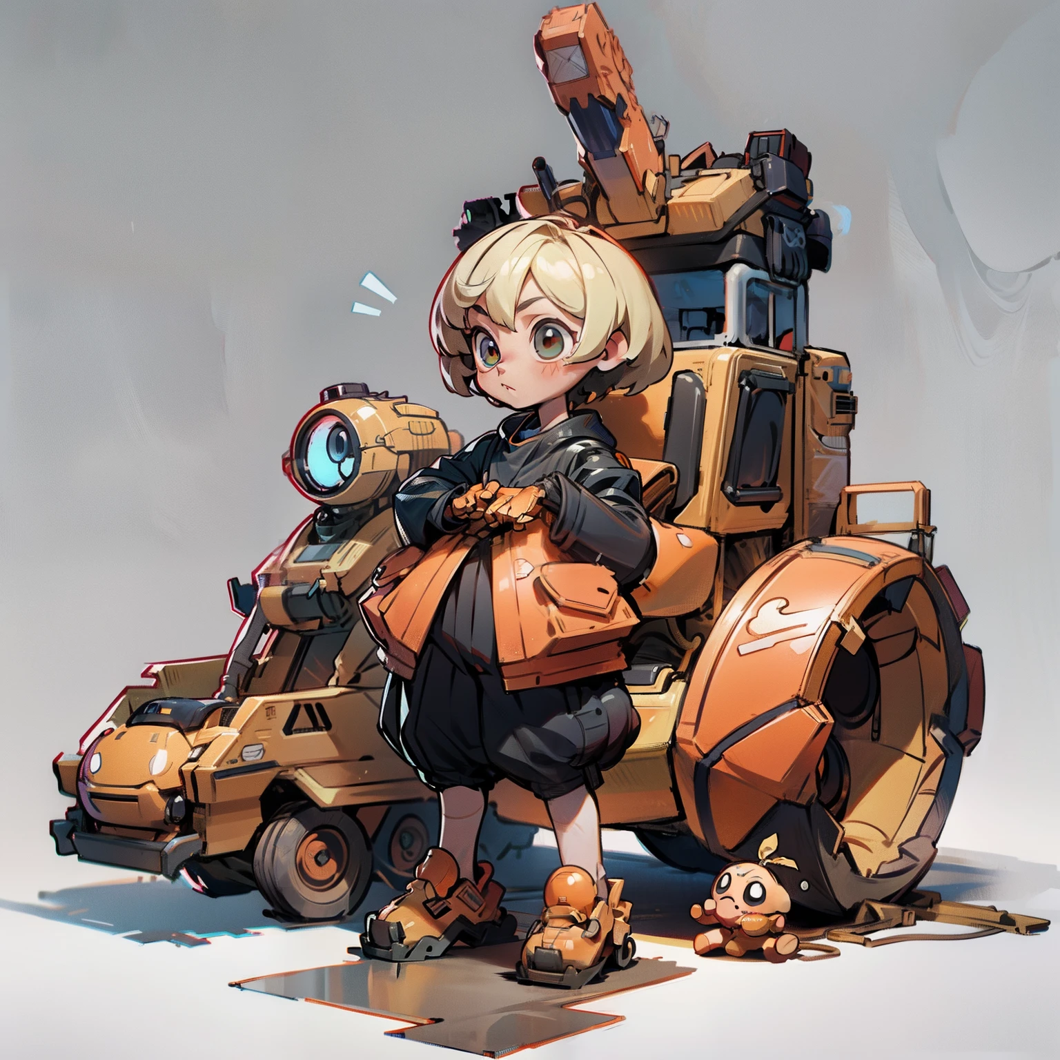 masutepiece, Best Quality, Full body shot, No background, White background, Man's, Chibi, Lil Bulldozer, an orange, Baby, droid,