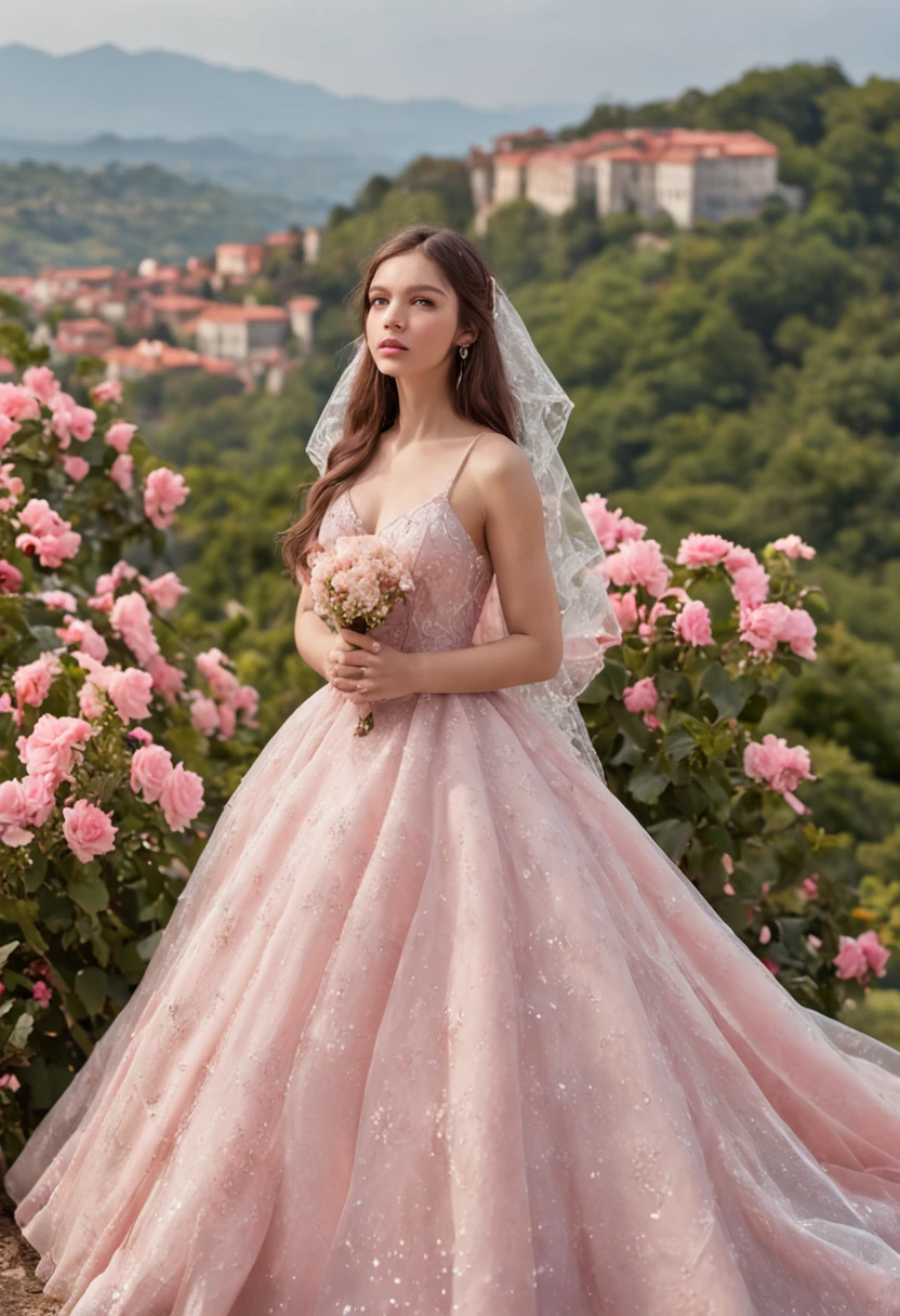 (Full body photograph of 1 girl dressed as a bride with large transparent veil and pink color dress + suave e delicado)+(Vestido longo em cores brilhantes, Luz brilhante, Cabelo loiro longo e liso + Olhos brilhantes e acolhedores)+(pink petals+ Brisa suave+ with blue sky and white clouds + Bosques verdes))