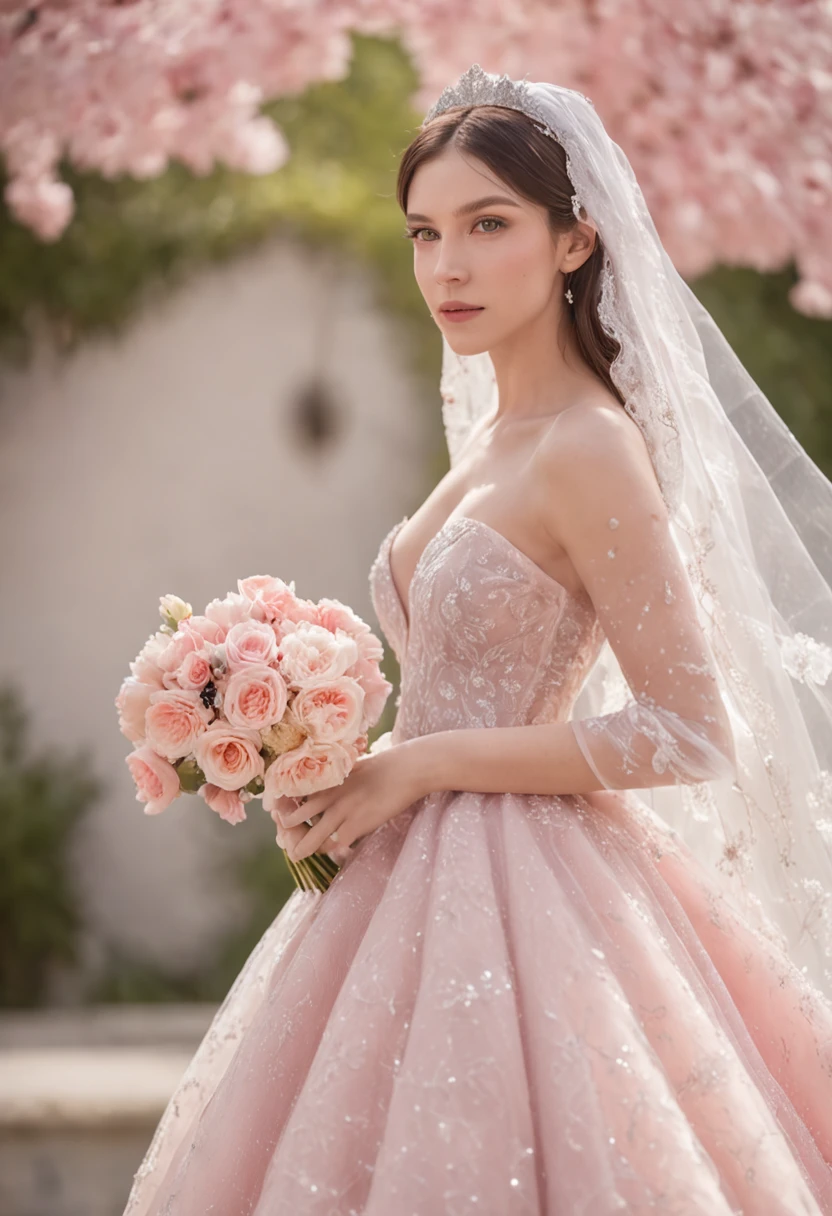 (Full body photograph of 1 girl dressed as a bride with large transparent veil and pink color dress + suave e delicado)+(Vestido longo em cores brilhantes, Luz brilhante, Cabelo loiro longo e liso + Olhos brilhantes e acolhedores)+(pink petals+ Brisa suave+ with blue sky and white clouds + Bosques verdes))