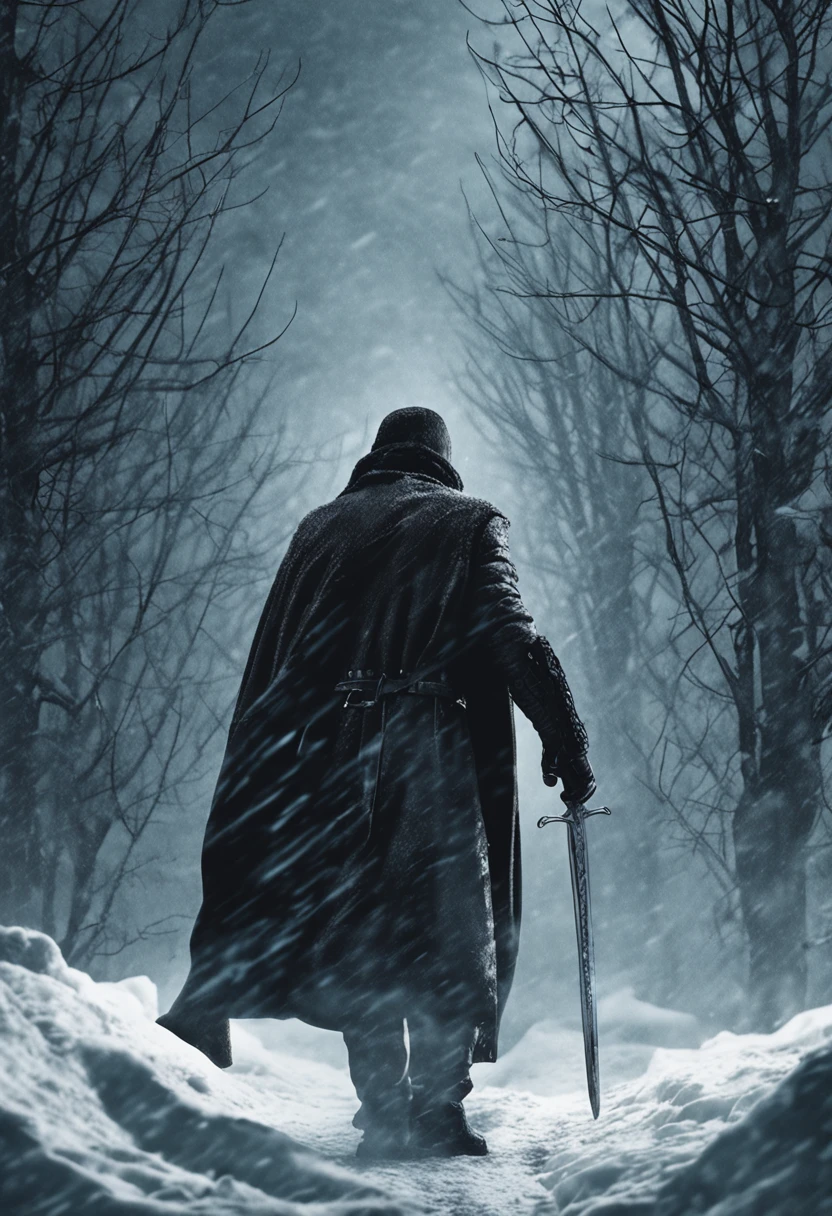 A man is protected by a cloak in the darkness of a winter night,With the cross,Frontal front,With a torch and a sword,Be chased by demons as you traverse a snowstorm
