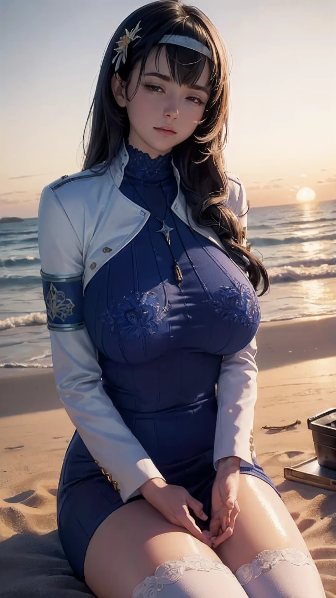 (((beautiful))), mary,blue sweater, white jacket, cropped jacket, long sleeves, open clothes, ribbed sweater, armband,, huge breasts,(((shiny skin))), ((intricate details)), hdr, ((intricate details, hyperdetailed)), cinematic shot, (((sitting in beach, sunset))), vignette, art by alphonso mucha