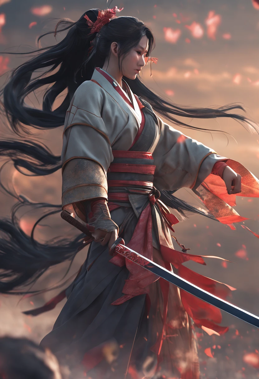 (((frontage,Full-body figure))) A dark-haired, femele, Kawa,Japanese Katana Sword, Character Focus, cinema4d, 4K resolution, Complementary natural tones