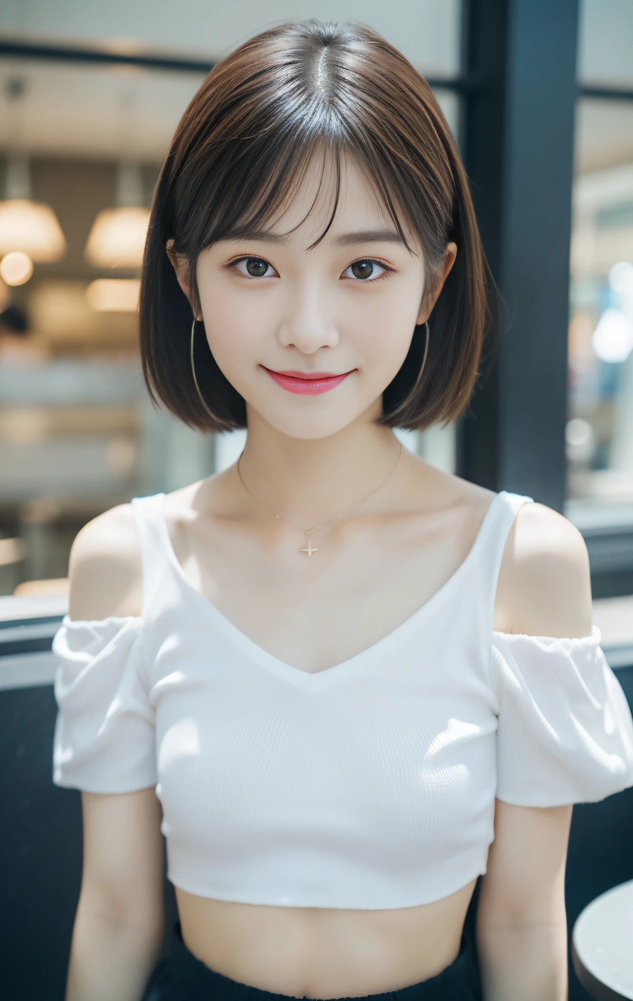 Stunning exquisite real beautiful girl、Short-cut hairstyles 、Women in Japan 、Very exquisite facial features、Incomparably beautiful girl、Clavicle off-shoulder、White crop top shirt、Black JK Skirt、Exposed legs、A sweet smile、Soft、dreamlike quality、light white and dark brown、exaggerated facial features、Landless、Candid off-white、Surreal、Blue Gemstone Necklace、Super transparent beautiful young girl、Cute and lively、 Ultra short leggings、Bar counter background