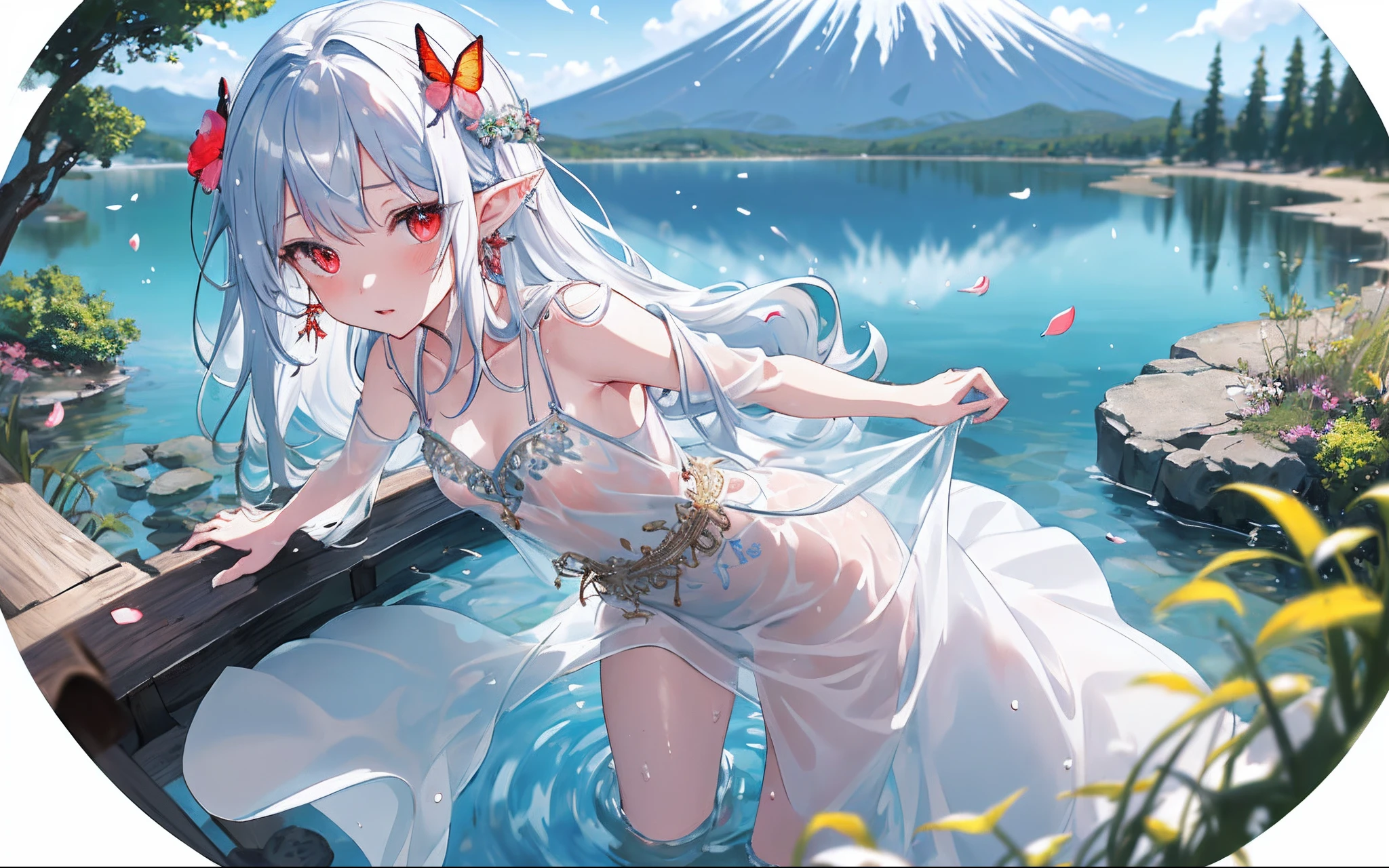 [(white background:1.3)::3],Dynamic angle,Bottle bottom,(falt color:1.2),(look at the viwer:1.3),colorful,floating wind,(Highest picture quality), (Master's work),
(Detailed eye description),(macro shot:1.25),(8K wallpaper), (Detailed face description),depth of field,(lens flare),
floating water, (mount fuji:1.3),floating rain,stream,wilderness,small dust, ((breeze)), wind, summer, sunset,(blurry background), road by the sea,Mountains and forests,water,wading,partially_submerged,(Strong sunlight:1.2),(Altocumulus:1.2), butterfly, falling petals,(standing:0.85),
(close-up:0.8),(fisheye:1.2), (1loli:1.2),small breasts,long hair,hair ornament,detailed beautiful eyes, earings,(intricate clothes:1.3), short skirt,bare shoulders,  (dress), (satin,plunging_neckline,sleeveless,translucent,wet clothes:1.2),collarbone,pointy ears, red eyes,(from above:1.2)