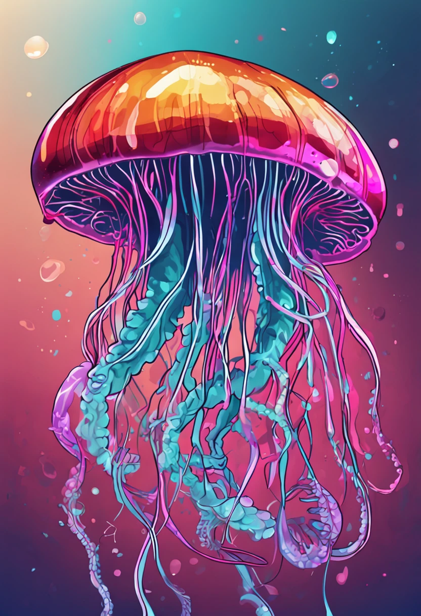 um close up de um Jellyfish correndo em um fundo colorido, Digital octopus , arte vetorial altamente detalhada, Jen Bartel, estilo de arte impressionante, estilo de arte vetorial, arte do Adobe Illustrator, Arte de Alessandro Pautasso, Arte vetorial HD, Horse, arte vetorial multicolorida, full-colour illustration, Bela arte UHD 4K, vibrant high contrast coloring, cute Jellyfish