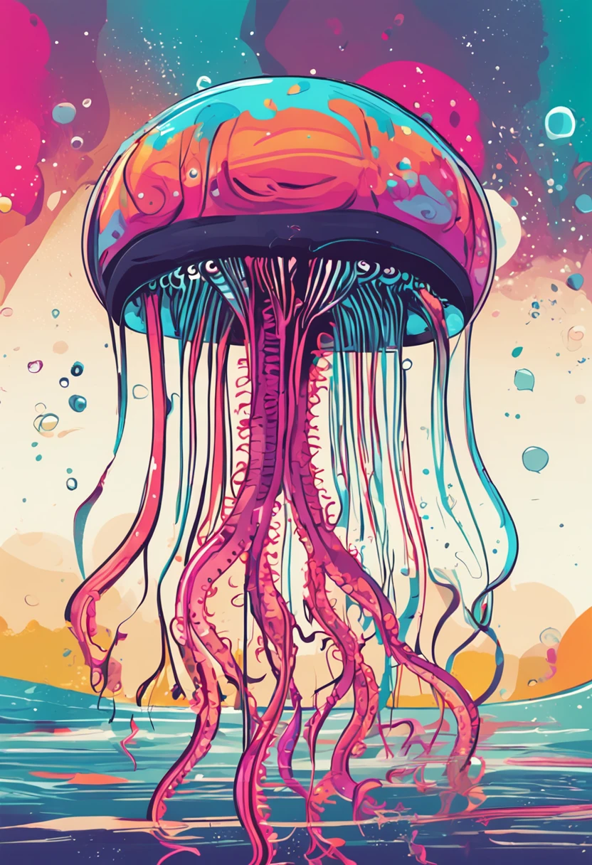 um close up de um Jellyfish correndo em um fundo colorido, Digital octopus , arte vetorial altamente detalhada, Jen Bartel, estilo de arte impressionante, estilo de arte vetorial, arte do Adobe Illustrator, Arte de Alessandro Pautasso, Arte vetorial HD, Horse, arte vetorial multicolorida, full-colour illustration, Bela arte UHD 4K, vibrant high contrast coloring, cute Jellyfish
