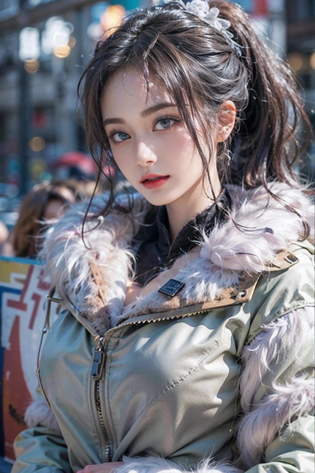 Random posture, mix4,(8K, Raw photo, Best Quality, masutepiece:1.2), (Realistic, Photorealsitic:1.37), Professional Lighting, Photon mapping, Radio City, Physically-based rendering,, Gradient Black Color Hair, Ponytail curly hair, Handsome, tomgirl, Warm thick coat,top quality picture, High resolution, 1080p, (Clear face), (Detailed face description), (Detailed hand description), (masutepiece), (Exquisite CG), extreme light and shadows, Ponytail hair, The work of the master, Rich details, (Fine facial features), (top quality picture), (masutepiece), (Detailed eyes),Look ahead with your eyes,Fine Collarbone, Warm cozy thick coat, outside of house, City Street, Winters, Snow-covered side, Large Thigh,Full body, Boy style,(Big ass),(((flat breast))),(tiny chest),Fur coat, ((The whole body, covered with a warm thick coat,)),  Fur coat,hood on head