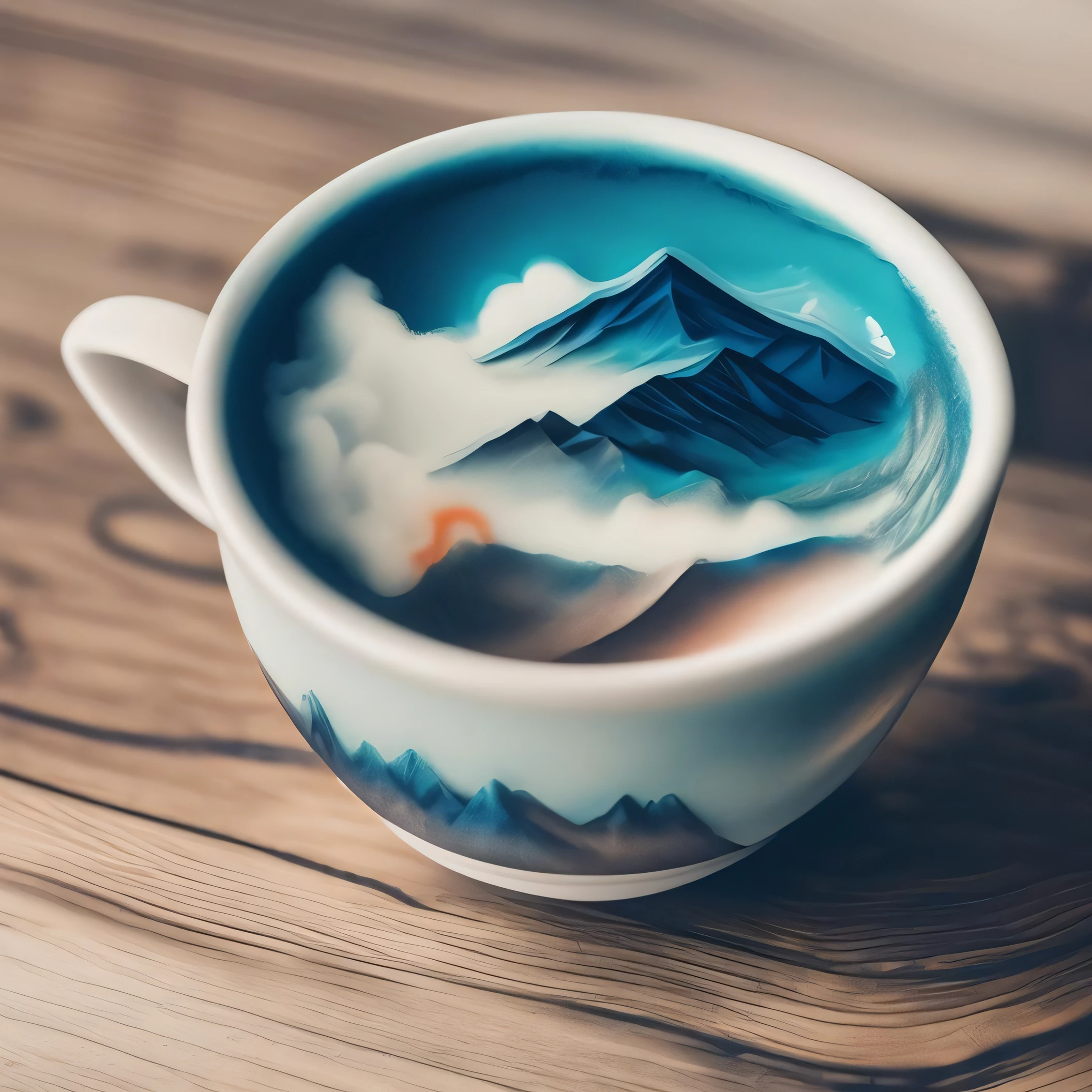 a cup filled with mountains fuming, masterpiece, Somewhere