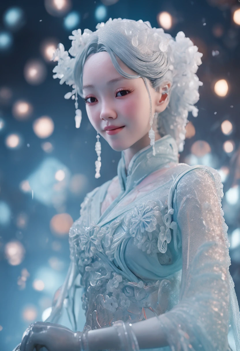 (ice - carving:1.4),Movie Angle,(Cute ice sculpture girl,Anatomically correct,full bodyesbian,Masterpiece ice sculpture camellia,Representative work Hanfu,Smile)