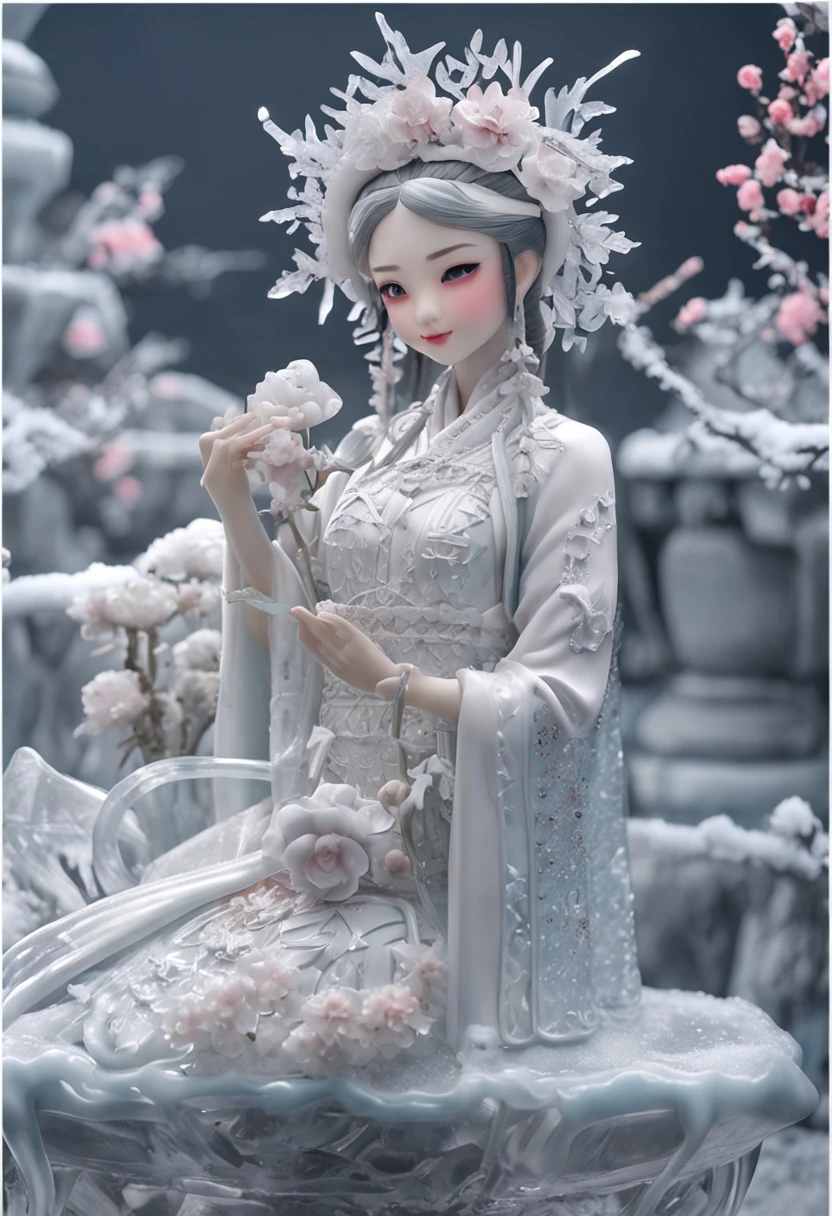 (ice - carving:1.4),Movie Angle,(Cute ice sculpture girl,Anatomically correct,full bodyesbian,Masterpiece ice sculpture camellia,Representative work Hanfu,Smile)