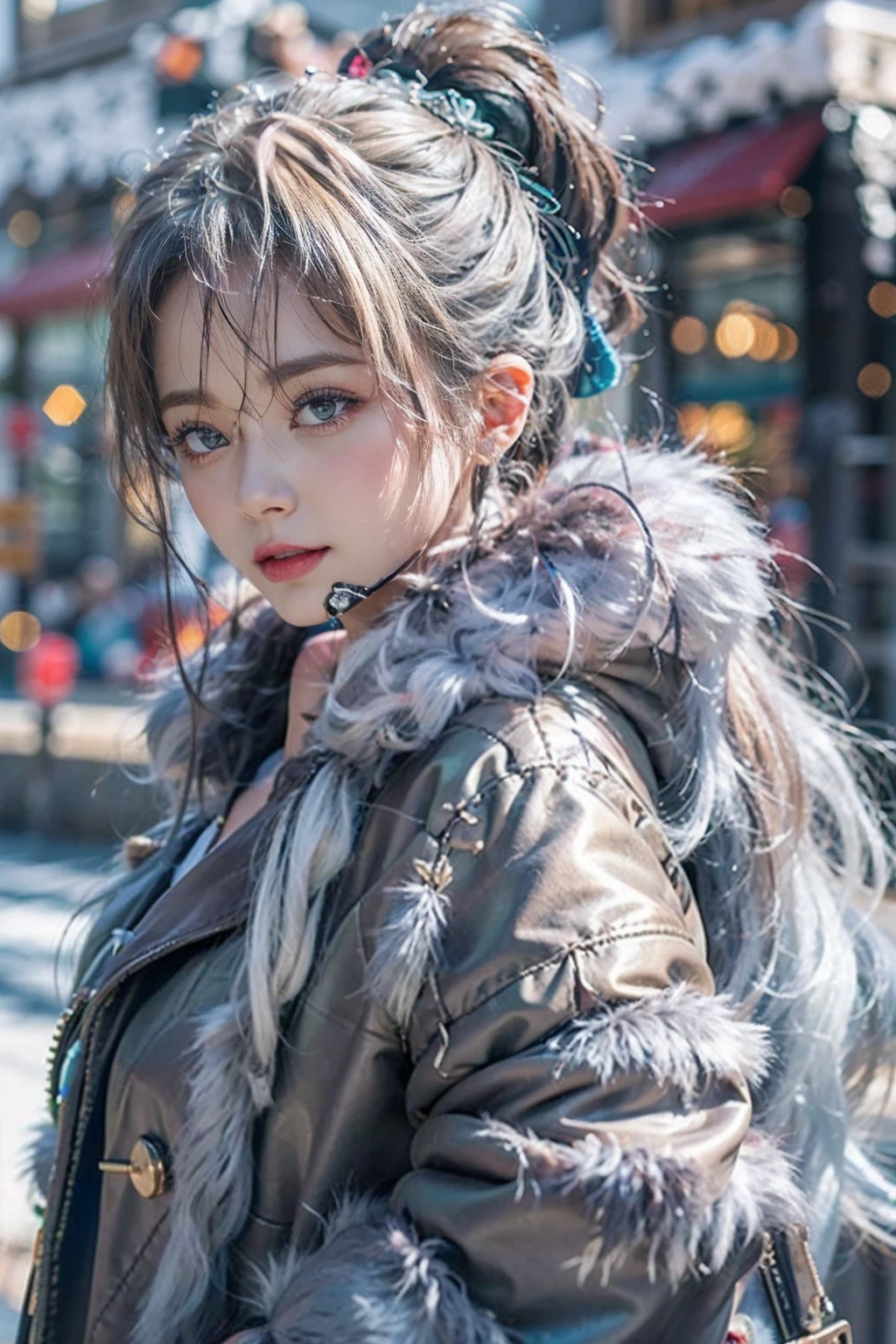 Random posture, mix4,(8K, Raw photo, Best Quality, masutepiece:1.2), (Realistic, Photorealsitic:1.37), Professional Lighting, Photon mapping, Radio City, Physically-based rendering,, Gradient Black Color Hair, Ponytail curly hair, Handsome, tomgirl, Warm thick coat,top quality picture, High resolution, 1080p, (Clear face), (Detailed face description), (Detailed hand description), (masutepiece), (Exquisite CG), extreme light and shadows, Ponytail hair, The work of the master, Rich details, (Fine facial features), (top quality picture), (masutepiece), (Detailed eyes),Look ahead with your eyes,Fine Collarbone, Warm cozy thick coat, outside of house, City Street, Winters, Snow-covered side, Large Thigh,Full body, Boy style,(Big ass),(((flat breast))),(tiny chest),Fur coat, ((The whole body, covered with a warm thick coat,)),  Fur coat,hood on head