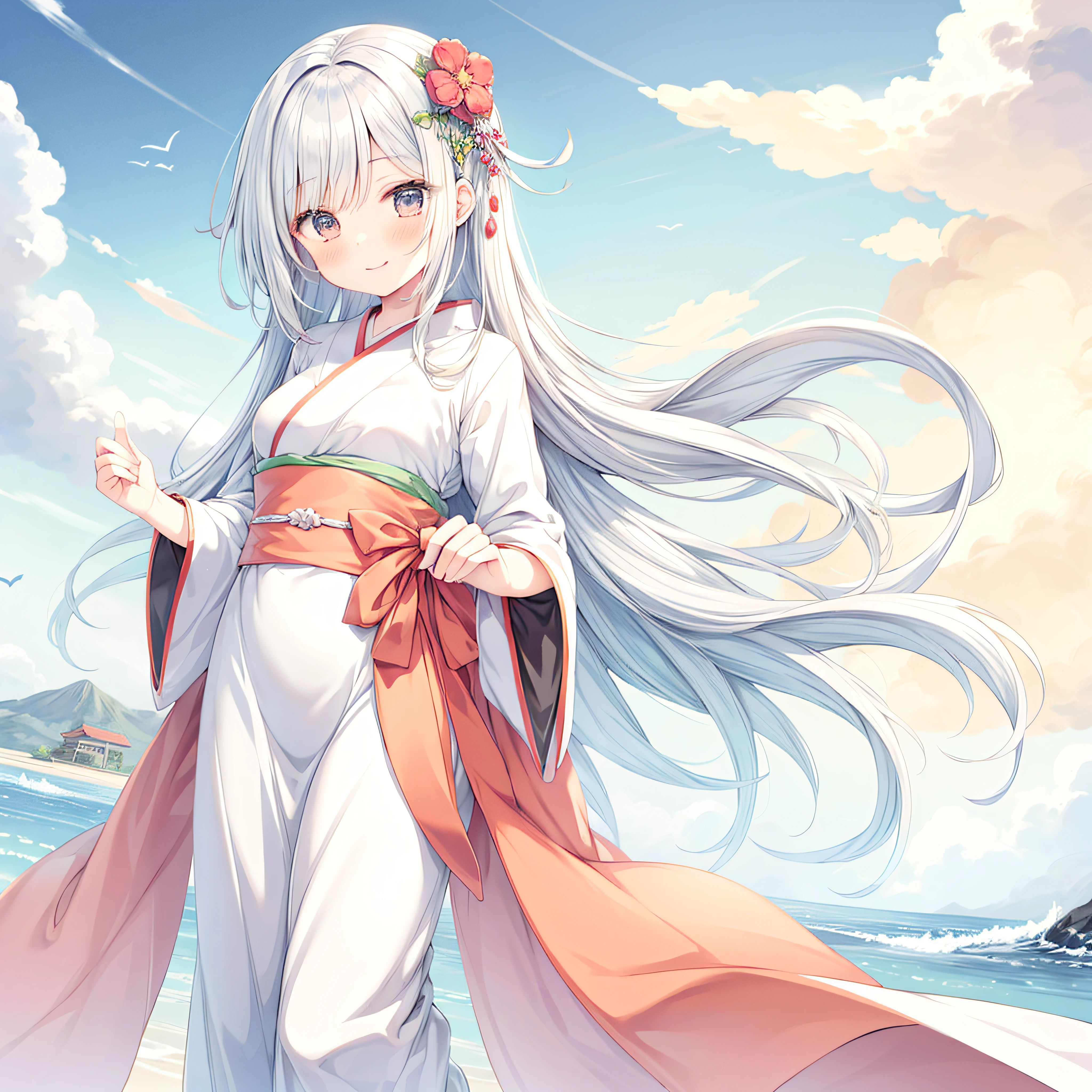 Painting of a woman in a kimono dress surrounded by the sea, Archaic Smile, Look up to heaven with open arms, Long silver hair, goddess of the sea, goddess of Japan, beautiful anime artwork, japanese art style, Gracefully stand on the sea, serene illustration, beautiful anime art, Anime Illustration, anime beautiful peace scene, anime fantasy illustration, Japan Art Nouveau Anime