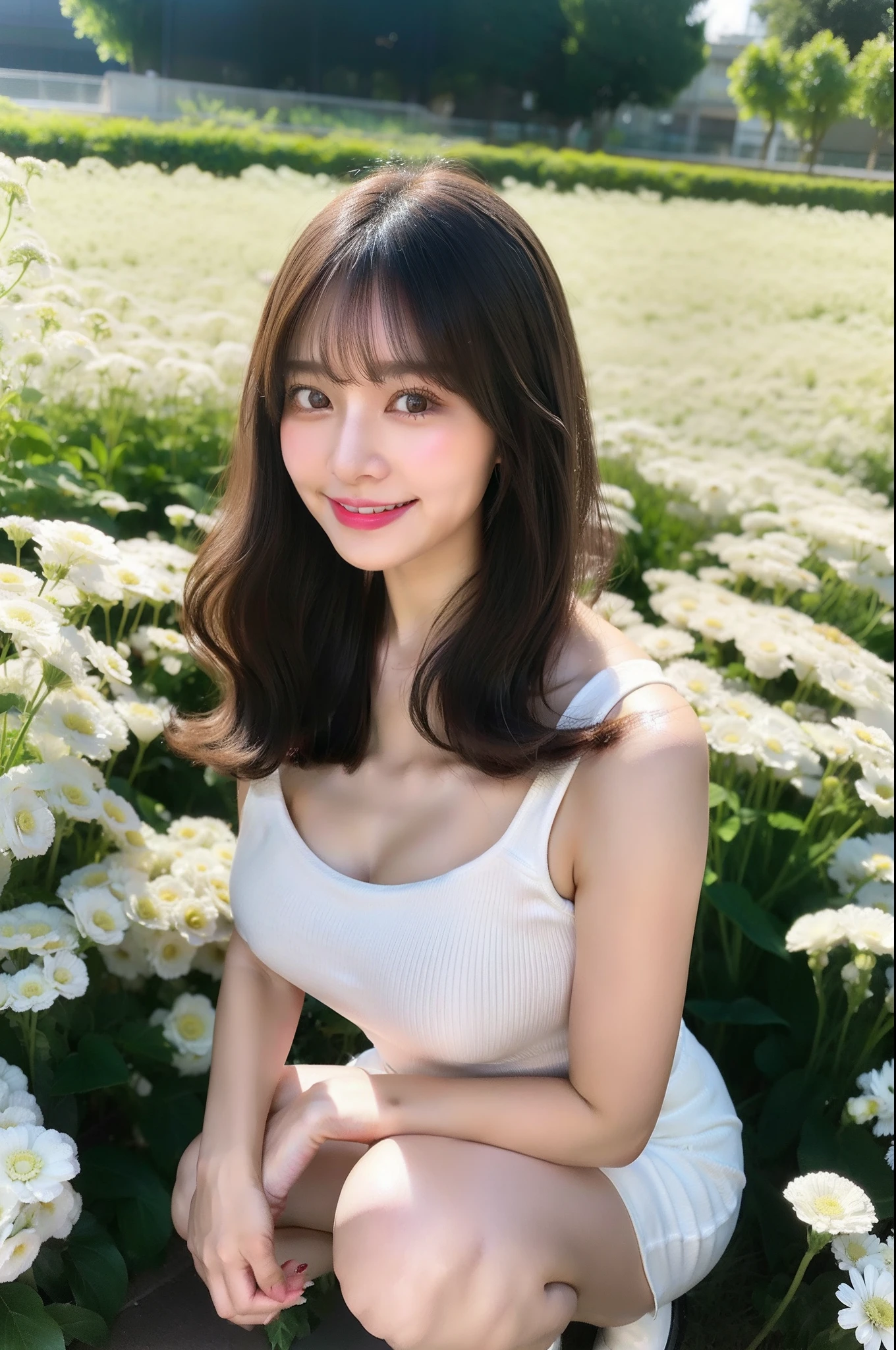 1 Girl Solo, 20Female face, Mature atmosphere、A smile、Peaceful photo、Wearing a tube top, wearing miniskirt. Wear high heels in tight clothes,Japanese Models, Wearing makeup、Hairstyle is semi-long、Hairstyles are half up、Hair color is brown、Squatting Pose、The background is a gerbera flower field、Shooting with iPhone、fully body photo、parting bangs、Breasts are big、squatting