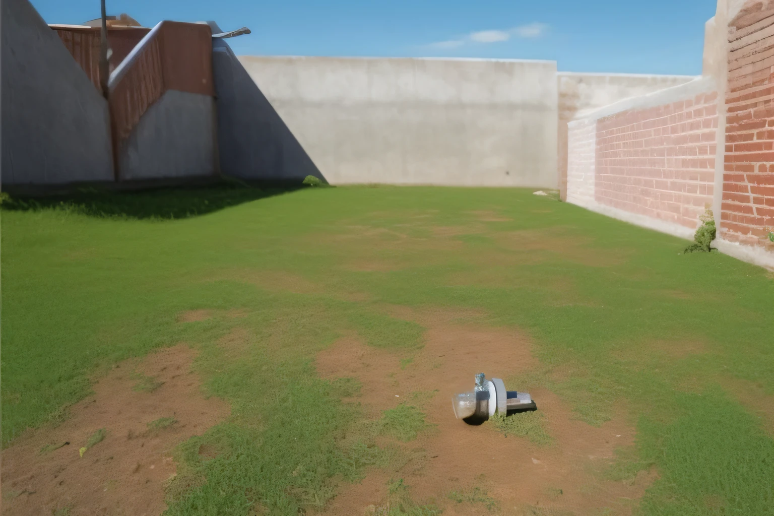 There's a small backyard with a fire hydrant in it, sem grama verde, courtyard, imagem muito coerente, Foto realista, a foto mostra um grande, tiro largo, lots of vegetation, A foto foi tirada de longe, local inclinado, imagem frontal, 4 0 9 6, open space, imagem impressionante, ( terra ), Campo de grama ao redor da cidade
