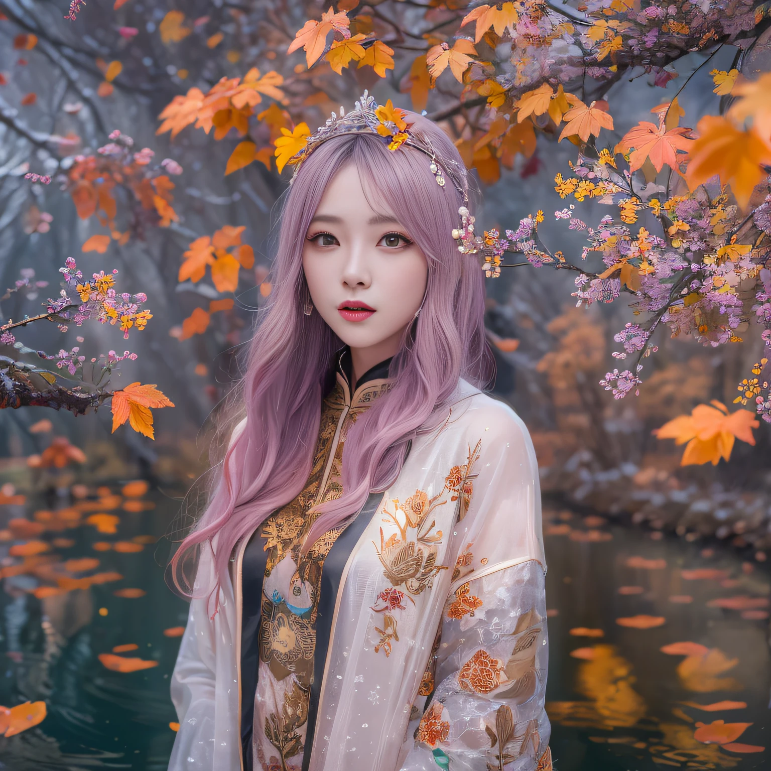 Exclusion Zone 32K（tmasterpiece，k hd，hyper HD，32K）Long flowing light orange hair，Autumn Pond，zydink， a color， Tongzhou people （Girl with glowing eyes）， （Thin silk scarf）， Side squat position， looking at the ground， long whitr hair， Floating hair， Python headdress， Chinese long-sleeved clothing， （abstract ink splash：1.2）， white backgrounid，Lotus protector（realisticlying：1.4），Purple-pink hair，Snowflakes fluttering，The background is pure， A high resolution， the detail， RAW photogr， Sharp Re， Nikon D850 Film Stock Photo by Jefferies Lee 4 Kodak Portra 400 Camera F1.6 shots, Rich colors, ultra-realistic vivid textures, Dramatic lighting, Unreal Engine Art Station Trend, cinestir 800，Long flowing light orange hair