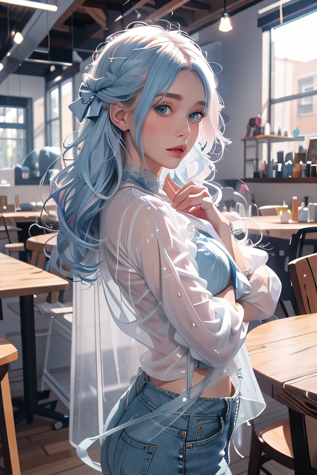 1girll,denim short,Blue eyes, light yarn, bow, White hair, Blush, See-through,Cowboy shot,
(Masterpiece:1.2), Best quality,Colorful, Multicolored,