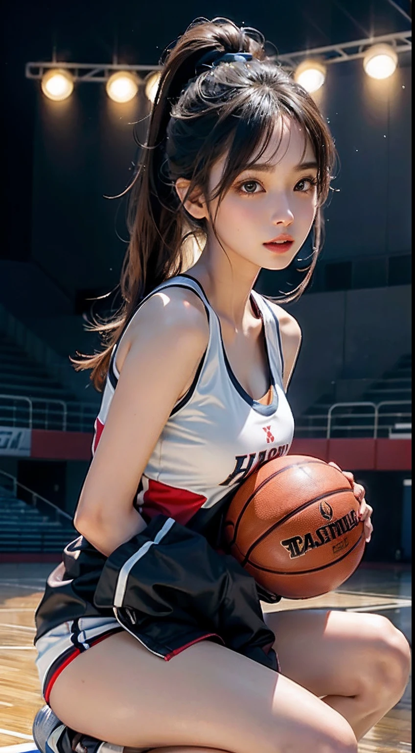 Fantastic realism、bokeh dof、ultra-detailliert、1girl、bionde(Black skin)、green colored eyes、running、basketball、perspiring、shinny skin、Inside the gymnasium