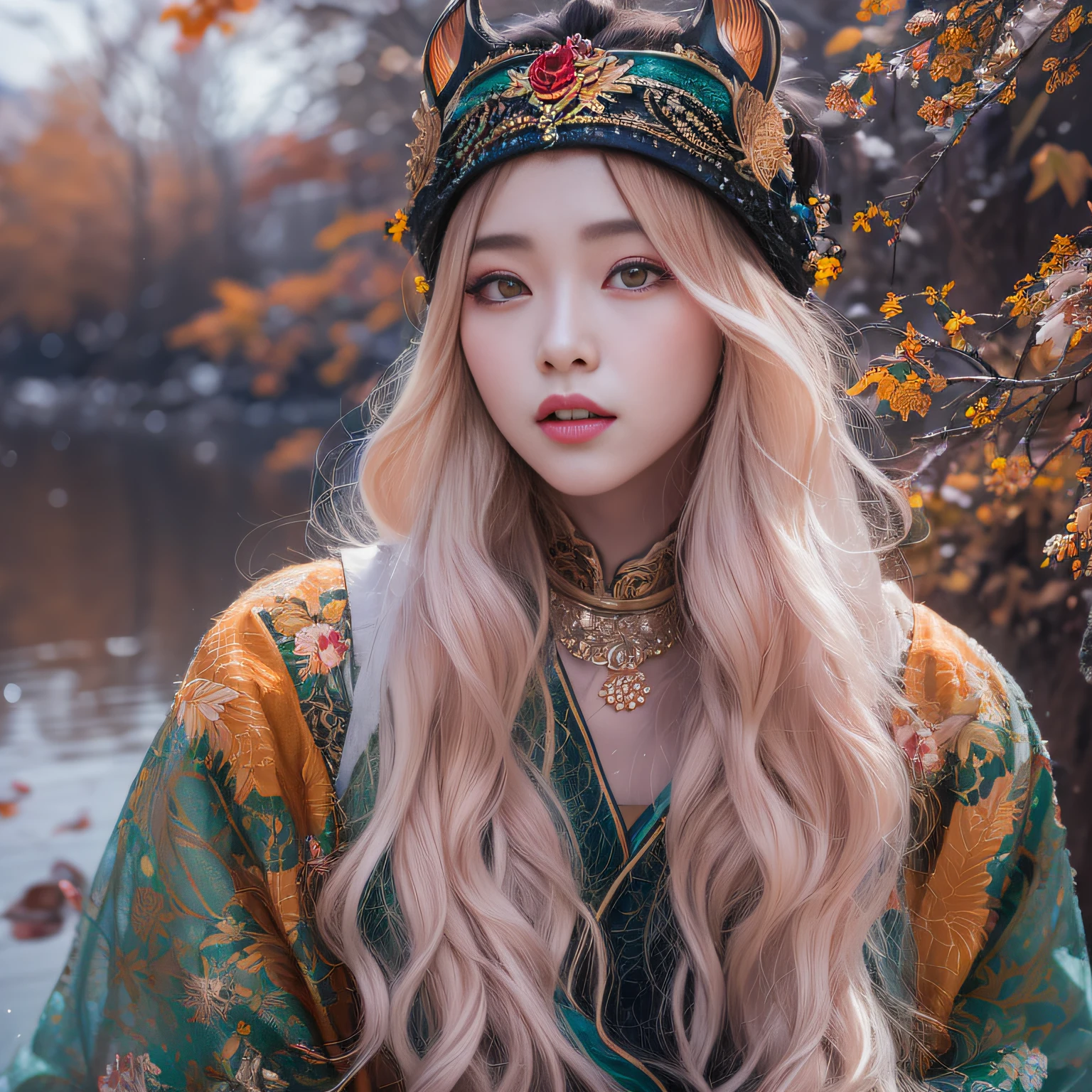 Exclusion Zone 32K（tmasterpiece，k hd，hyper HD，32K）Long flowing light orange hair，Autumn Pond，zydink， a color， Tongzhou people （Girl with glowing eyes）， （Thin silk scarf）， Side squat position， looking at the ground， long whitr hair， Floating hair， Python headdress， Chinese long-sleeved clothing， （abstract ink splash：1.2）， white backgrounid，Lotus protector（realisticlying：1.4），Purple-pink hair，Snowflakes fluttering，The background is pure， A high resolution， the detail， RAW photogr， Sharp Re， Nikon D850 Film Stock Photo by Jefferies Lee 4 Kodak Portra 400 Camera F1.6 shots, Rich colors, ultra-realistic vivid textures, Dramatic lighting, Unreal Engine Art Station Trend, cinestir 800，Long flowing light orange hair
