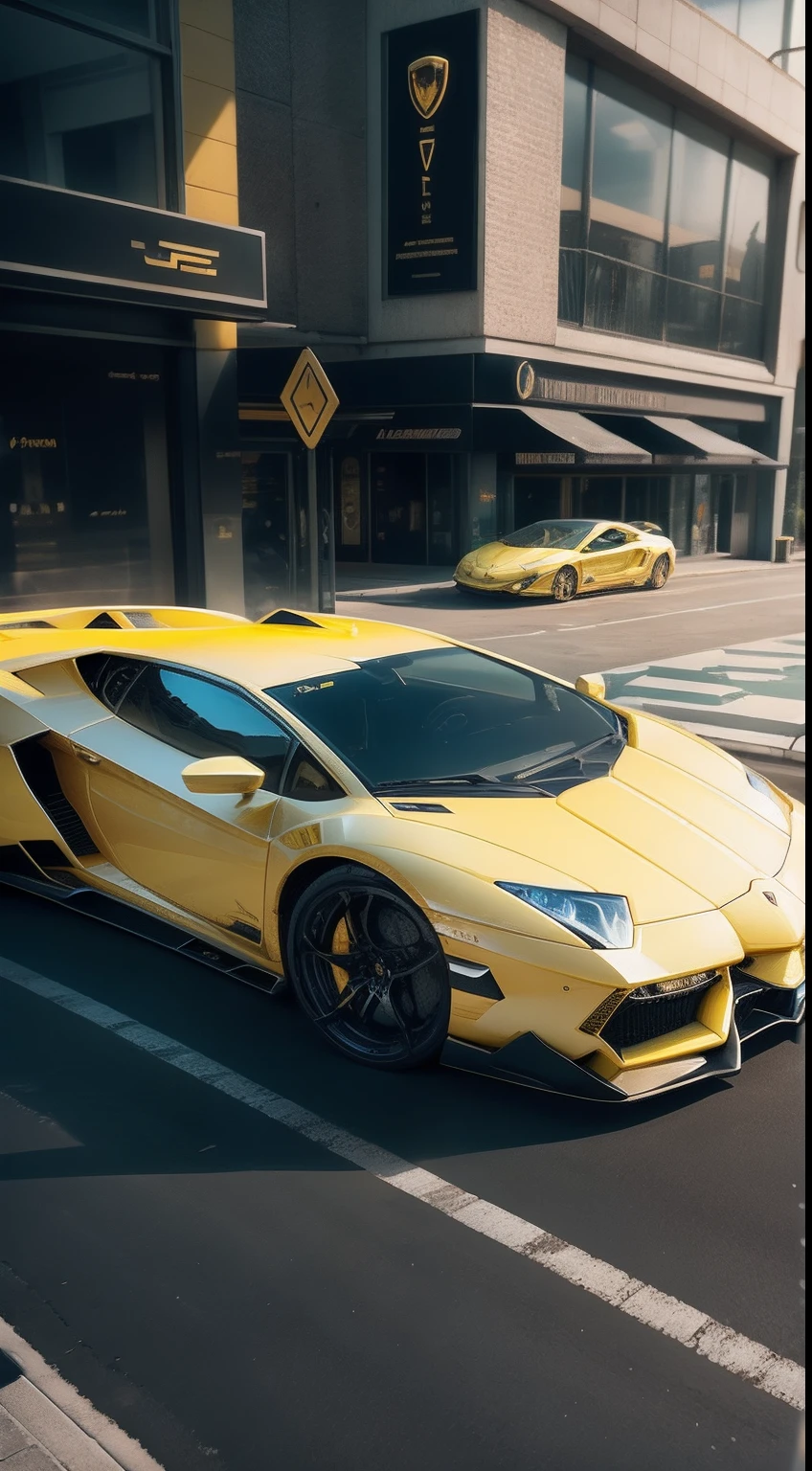 Yellow Lamborghini car,5 star hotel in the background,Part of the pool is on the right side of the car