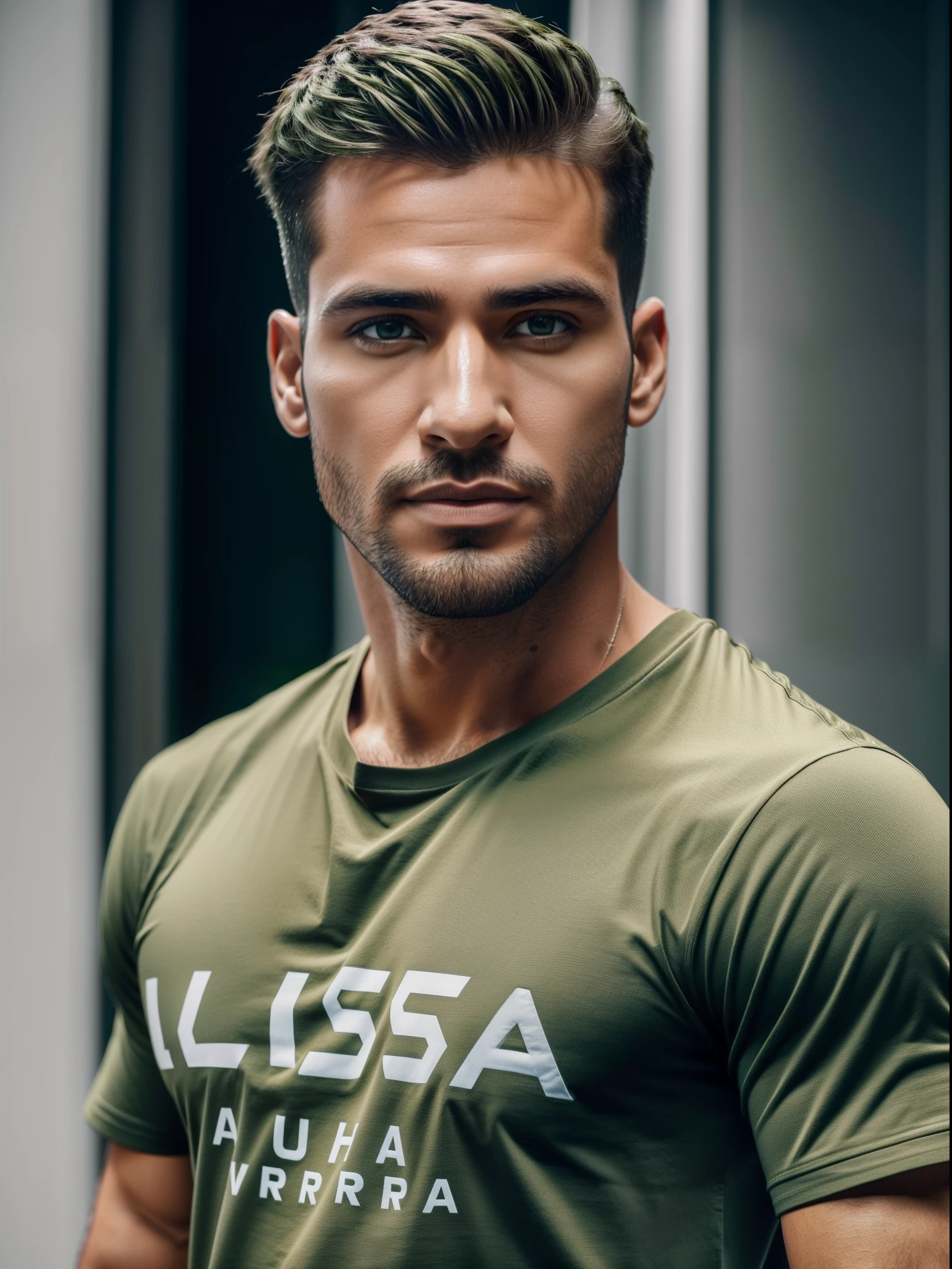Crie uma ((fotografia realista)) of a handsome (homem de 35 anos), homem (light brown with short hair), homem com (corpo definido), (((usando uma bermuda verde e um t-shirt))), ((casual clothing)), de alta qualidade, (qualidade intrincada), (detalhes intrincados), (destaque o homem no centro da foto), em uma (pose sexy e masculina), use uma ((luz intensa difusa sem sombras)), rosto perfeitamente iluminado, foco nos olhos brilhantes e cor de mel, Highlight the big natural lips and big nose, use a melhor qualidade: big nose, chromatic aberration abuse, UHD, retina, masterpiece, ccurate, (((anatomically correct))), textured skin, super detail, high details, high quality, award winning, best quality, highres, 1080P, HD, 4K, 8k, 16k --q 5