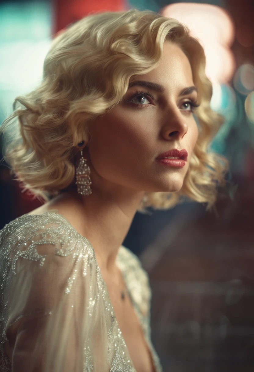 Stunning woman with short hair, 1920s hairstyle, blonde highlights hair in sexy low cut silk outfit. Soft candle lighting. Close up face shot
