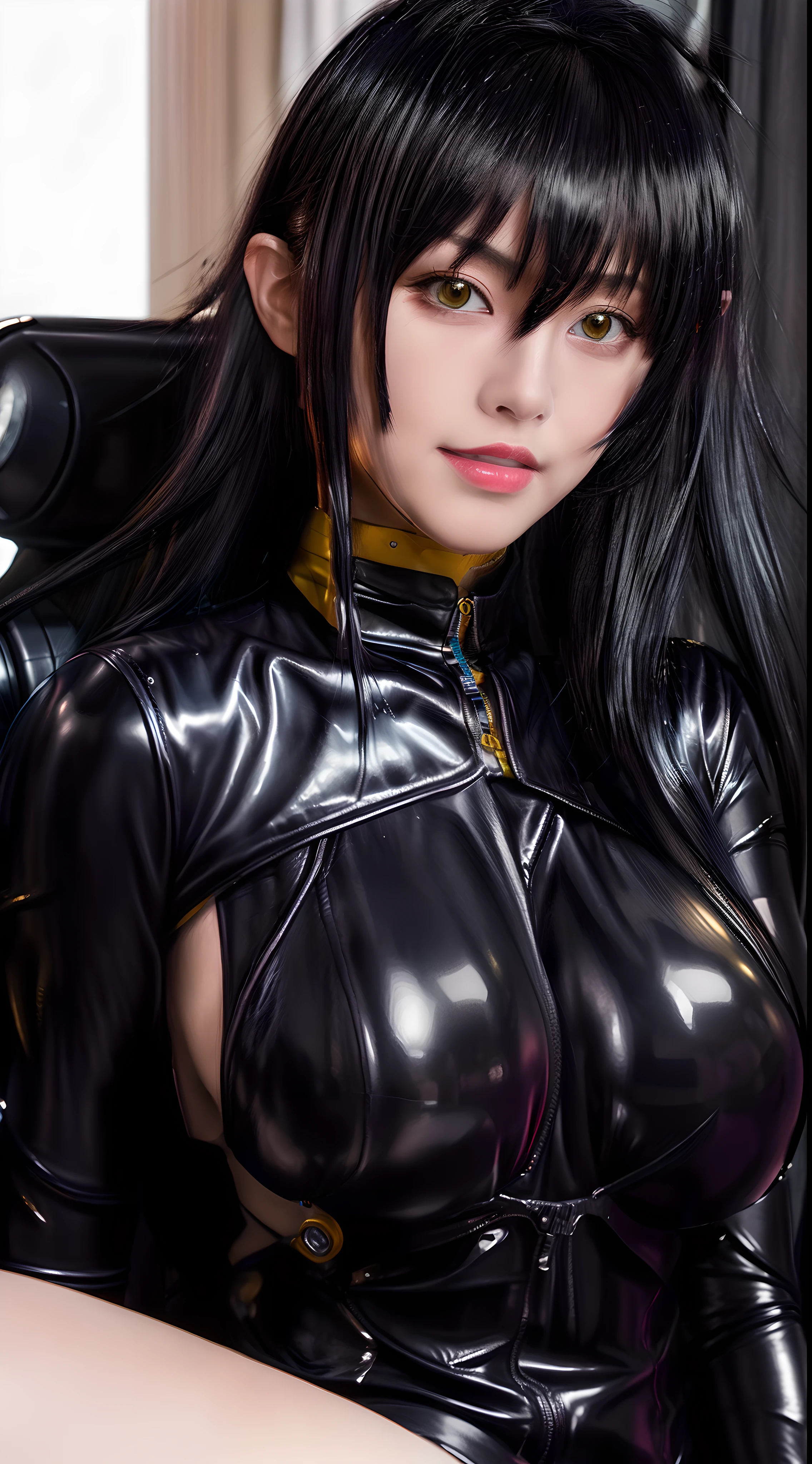 professional artwork, Intricate Details, field of view, sharp focus, detailed painting, photorealistic lighting, trending on pixiv,(masterpiece:1.0),(best_quality:1.0), ultra high res, ultra-detailed, photography, 8K, HDR, highres, absurdres:1.2, Kodak portra 400, film grain, sharp focus, bokeh:1.2, lens flare, (vibrant_color:1.2), (((indoors, dark night district))), Annerose, 1girl, female mature, ((hair intakes, long hair, black hair:1.4)), (yellow eyes), large breasts, ((latex bodysuit)), soft skin, (solo:1.4), (upper body, half body shot), seductive, hyper realistic:1.3,
