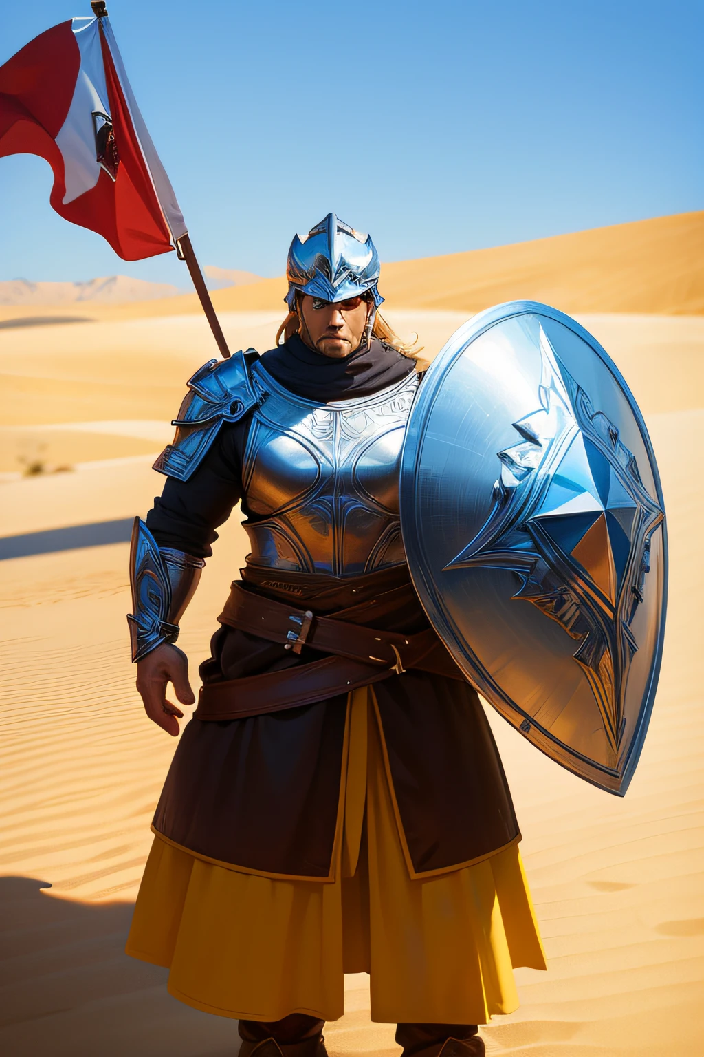 Strong man,Take a shield,is dressed in armor,wearing her helmet,in a desert,The flag,Big wind,cavalos