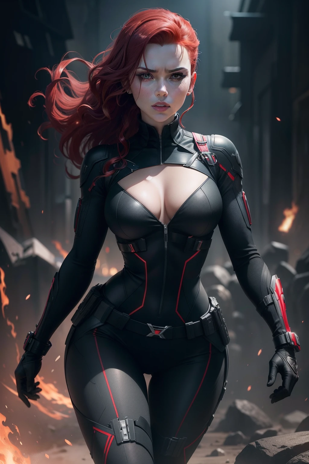Create a masterpiece with the highest quality and attention to detail, aiming for a photorealistic portrayal of Scarlett Johansson as Black Widow. The artwork should have a cinematic feel and be rendered in ultra-high resolution (8k).

The composition should focus on a medium shot, highlighting Black Widow's striking appearance and intense personality.

Scarlett Johansson embodies Black Widow, exuding a combination of strength and finesse. Her attire is a crucial aspect of her character: a sleek black bodysuit that fits like a second skin, emphasizing her agility and combat skills.

The bodysuit features subtle textures and contours that catch the light, adding depth to the depiction. Accents of dark gray and gunmetal are strategically placed to enhance the suit's visual appeal.

Black Widow's red hair cascades over her shoulders, adding a touch of vibrant color to the scene. Her expression is enigmatic, showcasing her intelligence and strategic thinking.

Within the composition, incorporate elements that allude to her espionage background: dimly lit shadows, advanced technology, and a backdrop that hints at a covert mission environment
