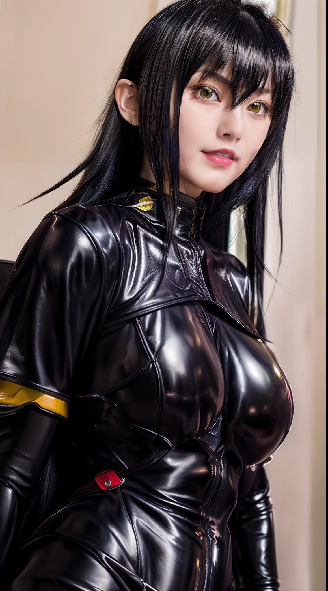 professional artwork, Intricate Details, field of view, sharp focus, detailed painting, photorealistic lighting, trending on pixiv,(masterpiece:1.0),(best_quality:1.0), ultra high res, ultra-detailed, photography, 8K, HDR, highres, absurdres:1.2, Kodak portra 400, film grain, sharp focus, bokeh:1.2, lens flare, (vibrant_color:1.2), (((indoors, dark night district))), Annerose, 1girl, female mature, ((hair intakes, long hair, black hair:1.4)), (yellow eyes), large breasts, ((latex bodysuit)), soft skin, (solo:1.4), (upper body, half body shot), smirk, hyper realistic:1.3,