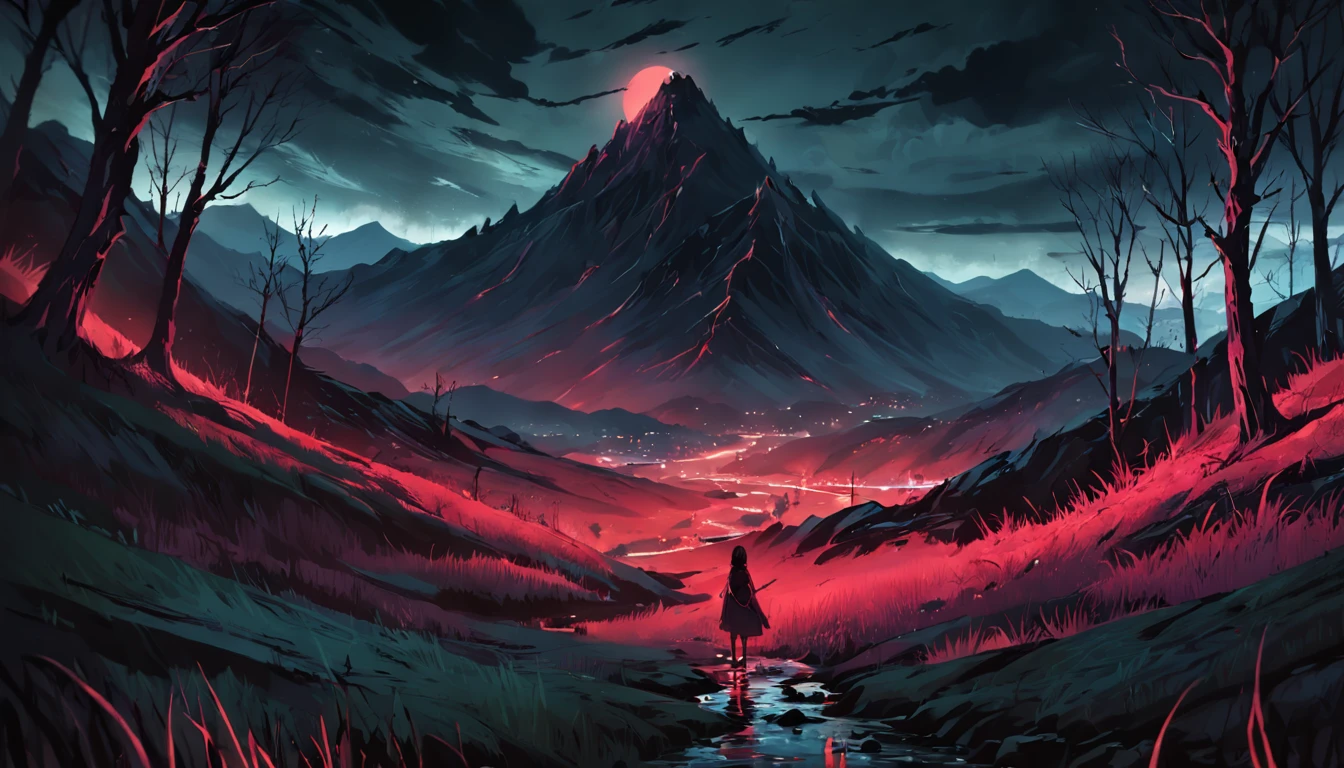 (masterpiece, best quality:1.4), cinematic light, colorful, high contrast, mountain, grass, tree, night, (horror (theme):1.2), (mon(masterpiece, best quality:1.4), (captivating digital art), cinematic lighting, colorful, high contrast, eerie mountain landscape, lush grass, twisted trees, night scene, (horror theme:1.2), (menacing monster:1.2) lurking in shadows, dark atmosphere, blood rain pouring down, blood-red river flowing, haunting blood moon in the sky, chilling and intense visual experiencester:1.2), dark, blood rain, blood river, blood moon