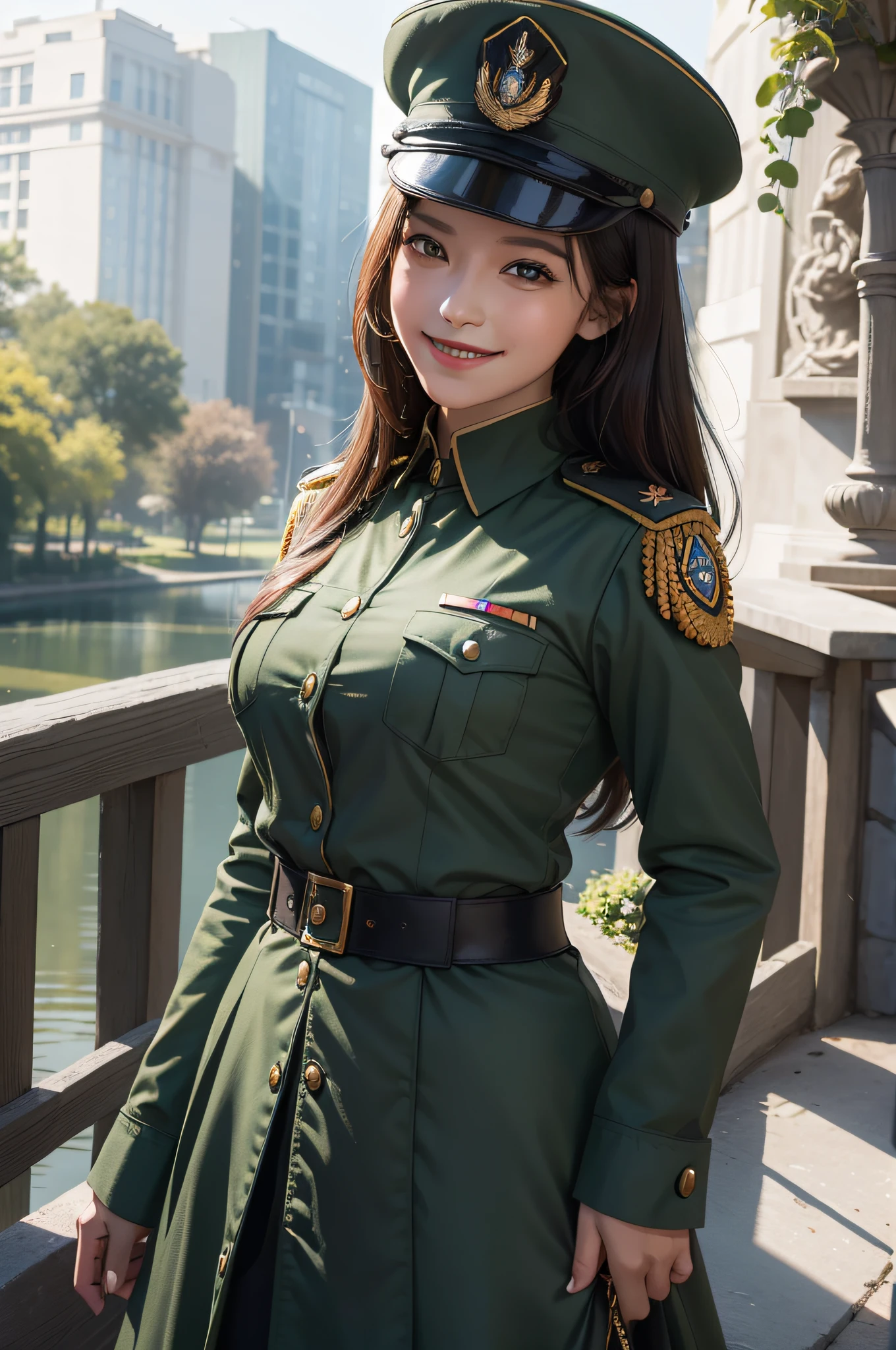 A beautiful girl，A sweet smile，（Face details:1.6），（epaulette:1.6），（military hat：1.2），（Fighting posture:1.3），Wearing a green military uniform，fresh flowers，lakes，parks