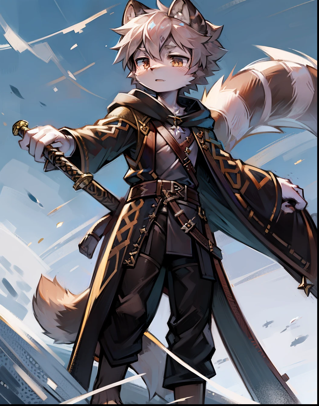 A raccoon，Warrior image，A sword is inserted into the scabbard，Shota，adolable，Robe，solo person，Round ears，Leopard print，Long tail，full bodyesbian，Brown battle robes