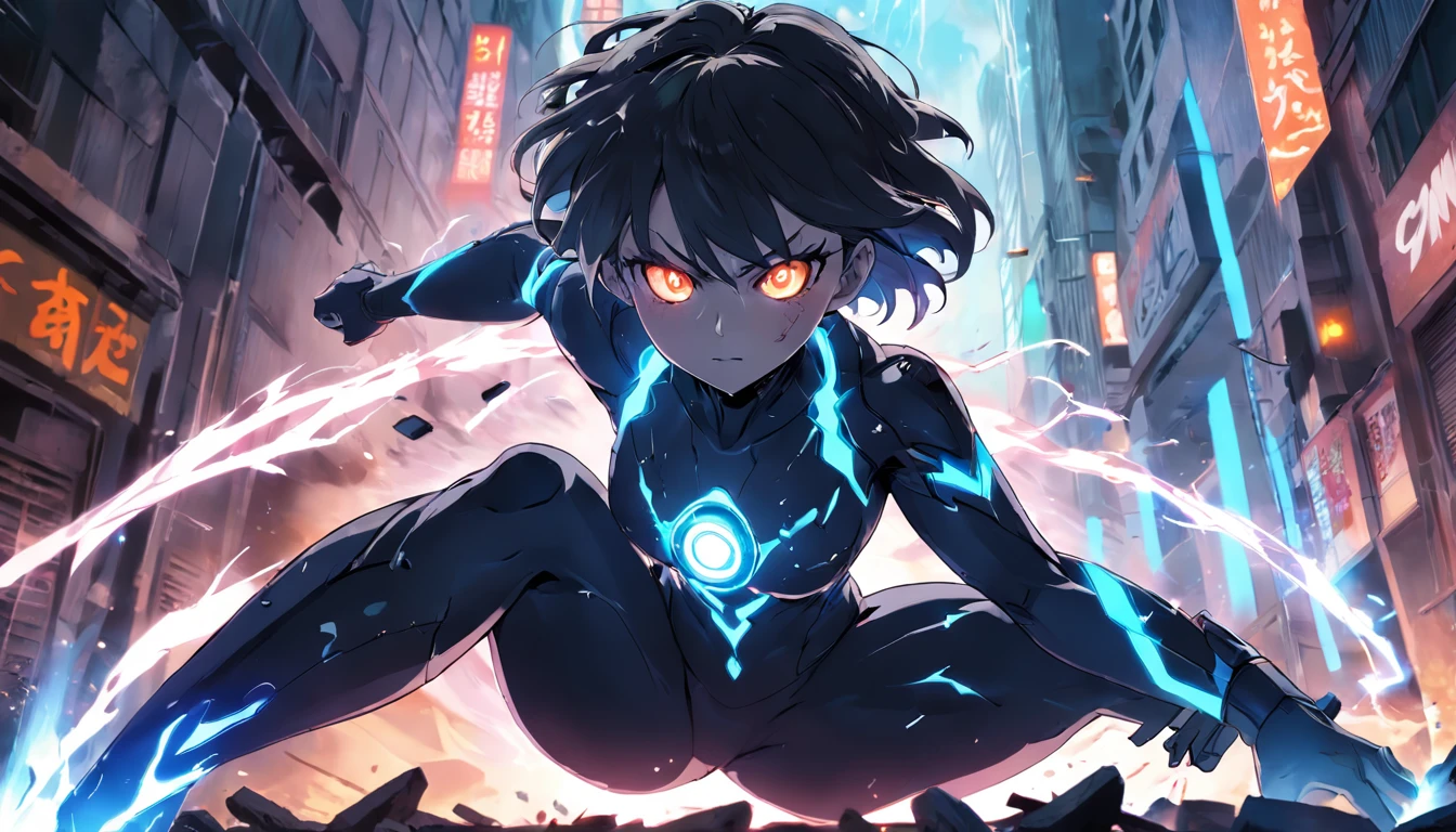 fighting , glowing eyes, short hair,torn tight supersuit, in a destroyed city, smoke and fire, glowing power aura, dynamic pose, dynamic view
