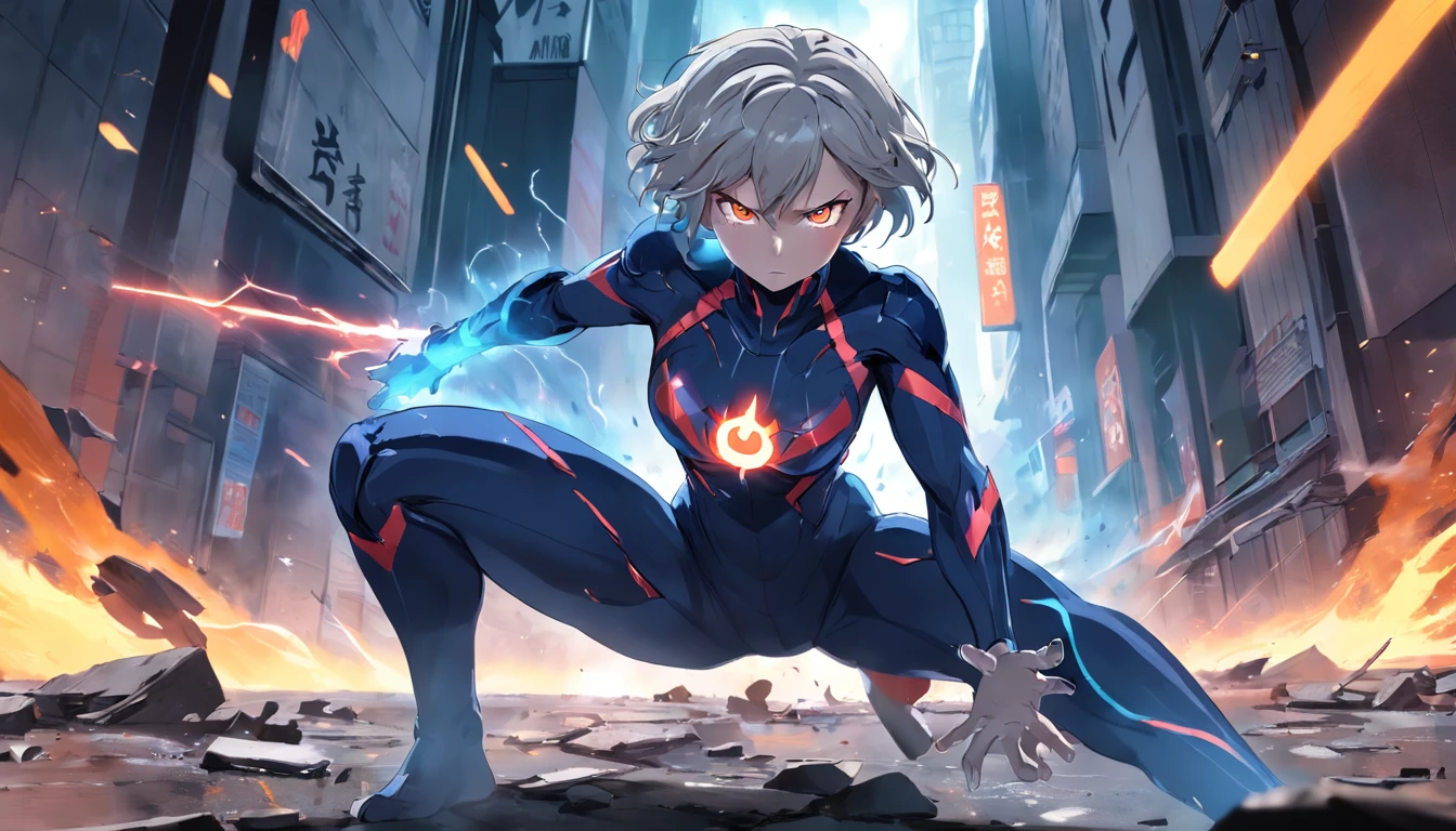 fighting , glowing eyes, short hair,torn tight supersuit, in a destroyed city, smoke and fire, glowing power aura, dynamic pose, dynamic view