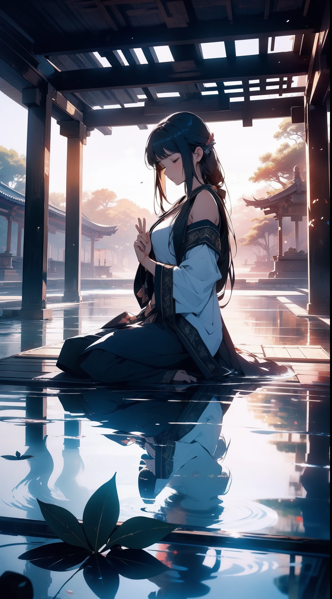 1girl, meditation, deitating, masterpiece, best qullity, peace, peaceful, water,reflection, calm,serene, tranquil, warm, close eyes, perfect face, leafs,temple,ancient, architecture,