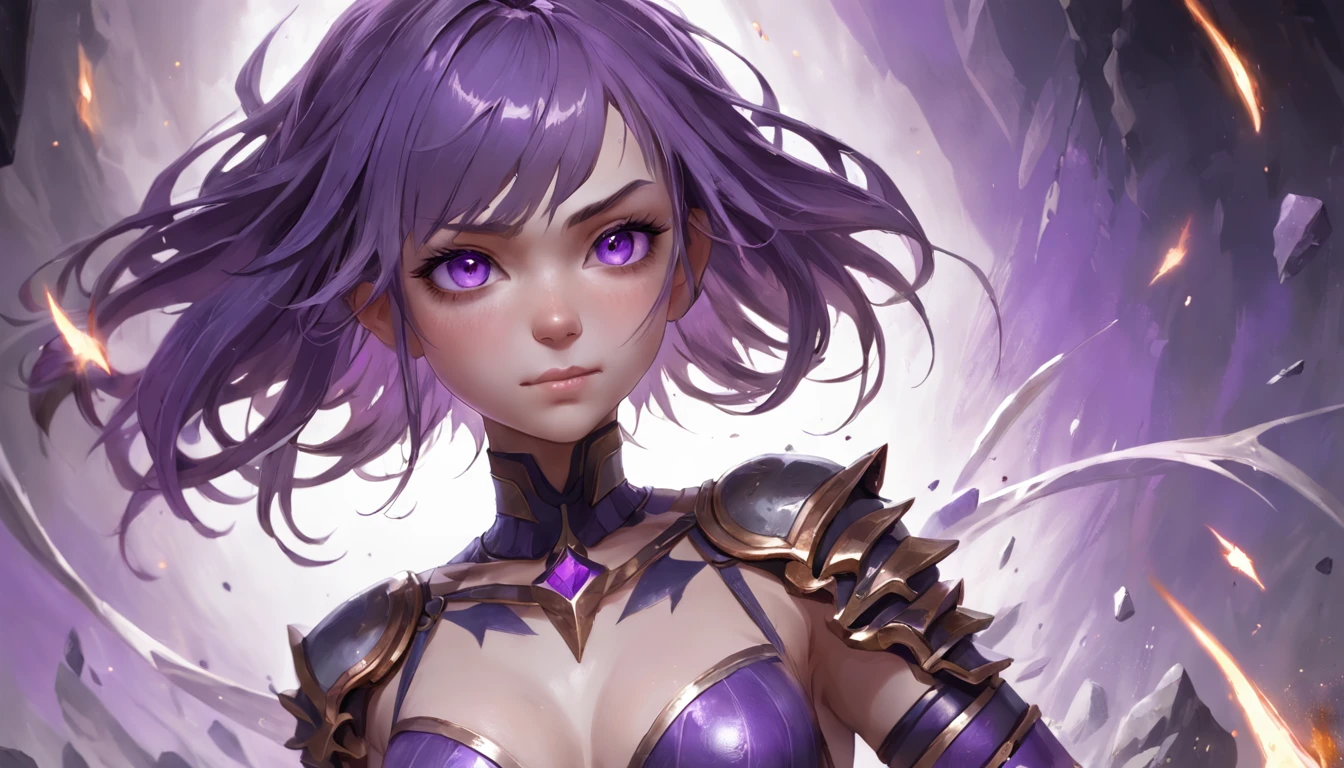 best quality, ultra high res, photorealistic, sfw, armored wizard, magical tattoos, apprentice, 1girl, looking at viewer, upper body, slender, small breasts, purple hair with white stripes, white croptop, (dark and moody universe:1.3), (elden ring style:1.3), (warhammer style:1.1), floating rocks, glowing pebbles, fiery dust, concept artist, global illumination, depth of field, gloomy, unsettling, splash art, art by artgerm and greg rutkowski and viktoria gavrilenko, scary smile, purple light, rule of the thirds