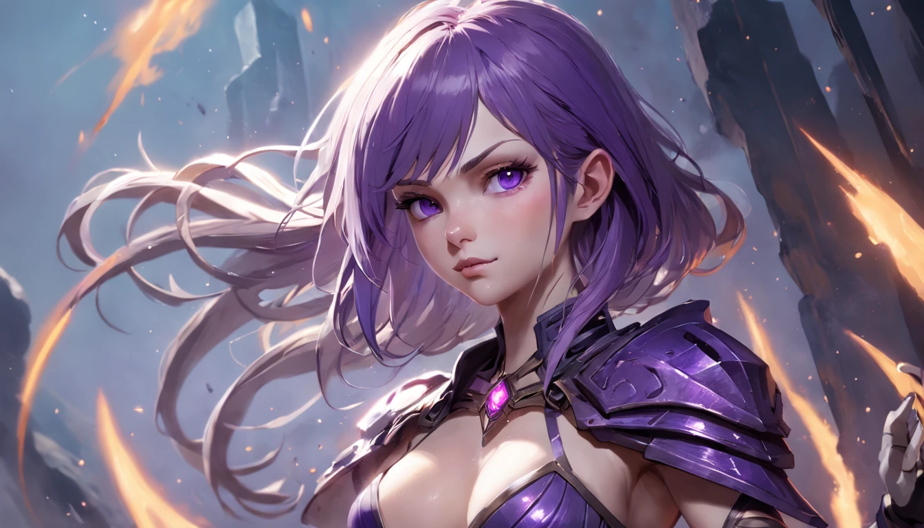 best quality, ultra high res, photorealistic, sfw, armored wizard, magical tattoos, apprentice, 1girl, looking at viewer, upper body, slender, small breasts, purple hair with white stripes, white croptop, (dark and moody universe:1.3), (elden ring style:1.3), (warhammer style:1.1), floating rocks, glowing pebbles, fiery dust, concept artist, global illumination, depth of field, gloomy, unsettling, splash art, art by artgerm and greg rutkowski and viktoria gavrilenko, scary smile, purple light, rule of the thirds