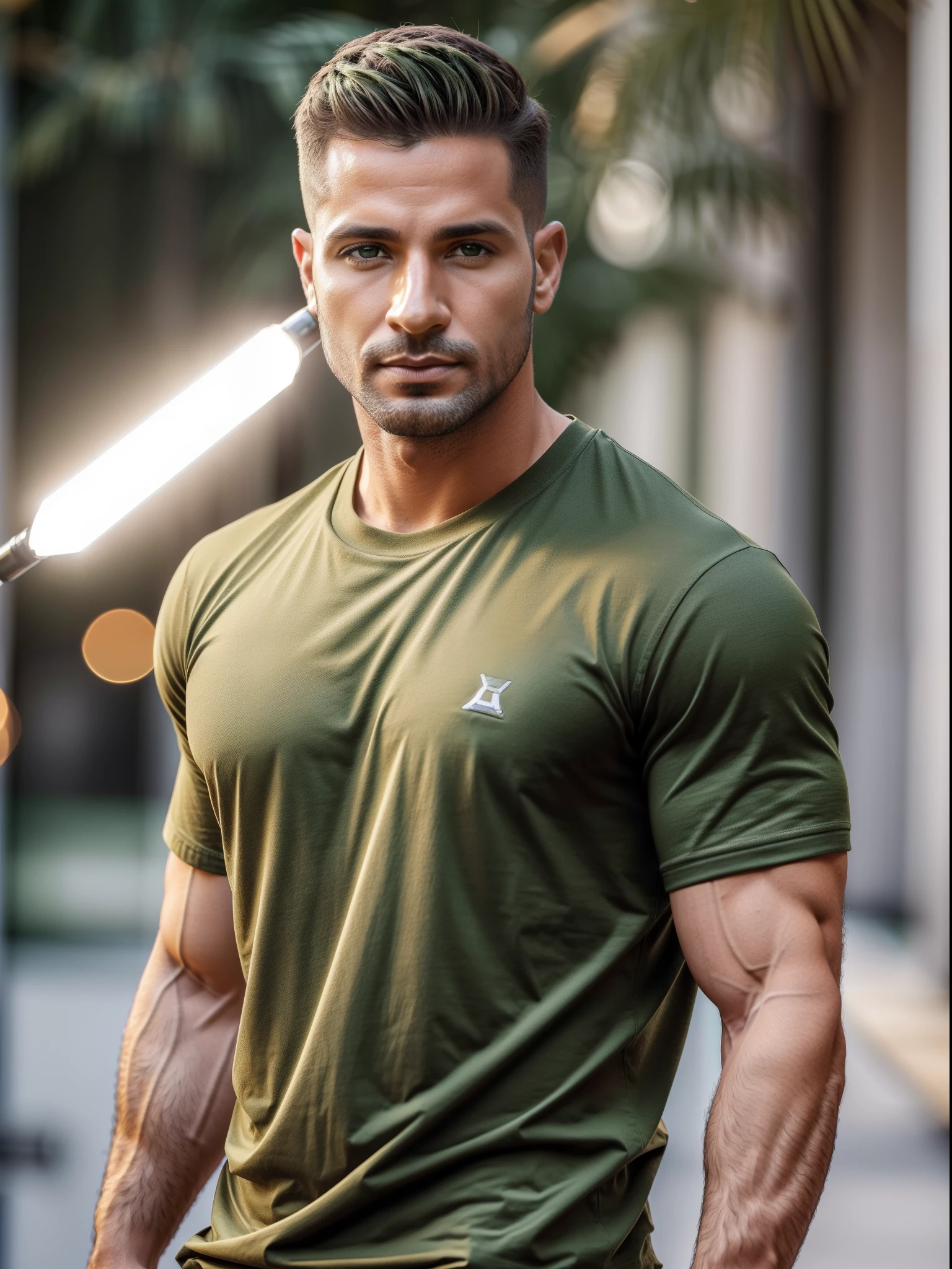Crie uma ((fotografia realista)) of a handsome (homem de 35 anos), homem (light brown with short hair), homem com (corpo definido),  (((usando uma bermuda verde e um t-shirt))), ((casual clothing)), de alta qualidade, (qualidade intrincada), (detalhes intrincados), (destaque o homem no centro da foto), em uma (pose sexy e masculina), use uma ((luz intensa difusa sem sombras)), rosto perfeitamente iluminado, foco nos olhos brilhantes e cor de mel, Highlight the big natural lips and big nose, use a melhor qualidade:  big nose, chromatic aberration abuse, UHD, retina, masterpiece, ccurate, (((anatomically correct))), textured skin, super detail, high details, high quality, award winning, best quality, highres, 1080P, HD, 4K, 8k, 16k --q 5