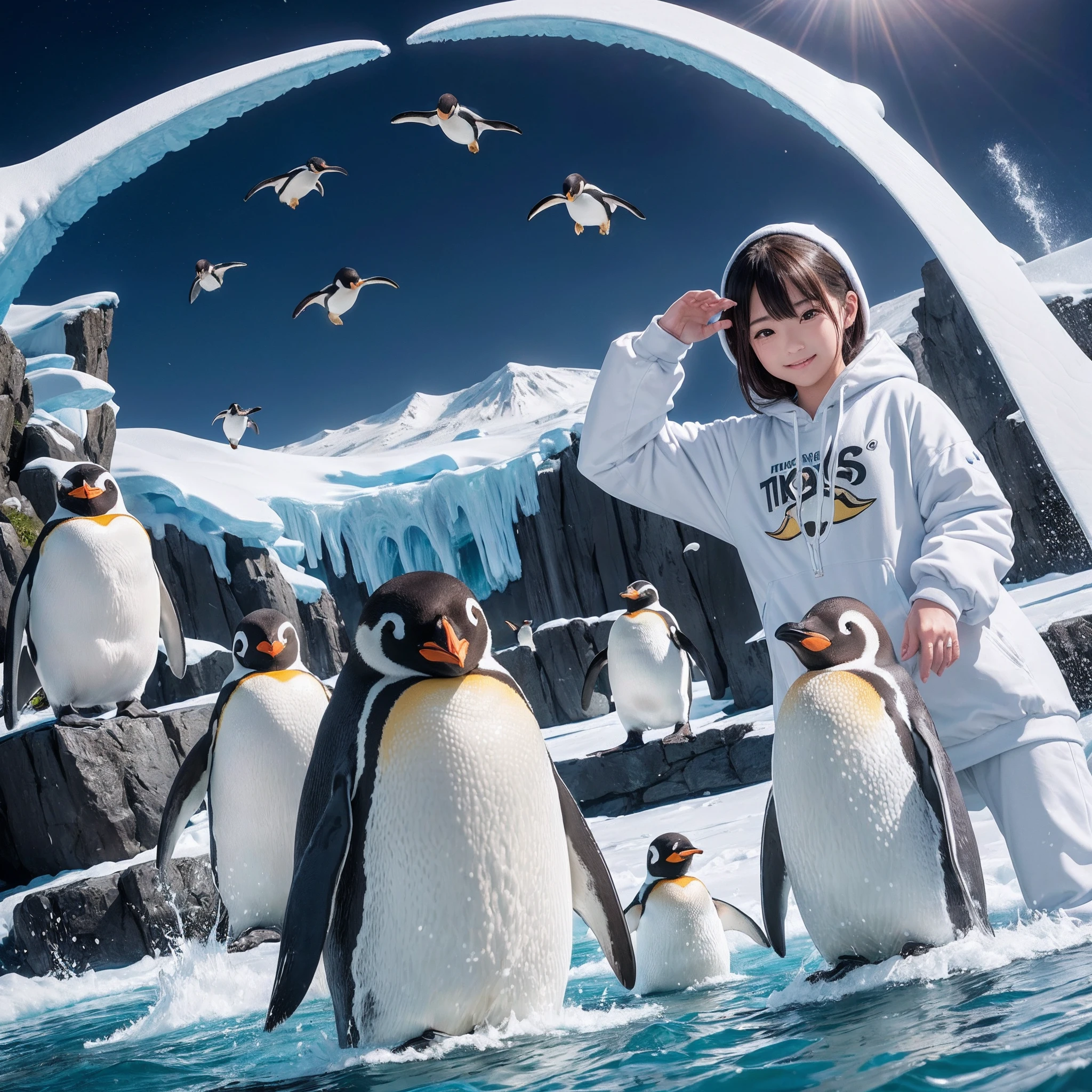 (8K、RAW Photos、top-quality、masterpiece:1.5)、(realisitic、Photorealsitic:1.5)、ultra-detailliert、超A high resolution、lighting like a movie、(((Idols who love penguins)))、(((Japan 16 year old girls)))、(((Wearing a cute costume with a penguin motif)))、(A lot of penguins:1.5)、cute smile face、Happy and energetic atmosphere、dynamic ungle、动态照明