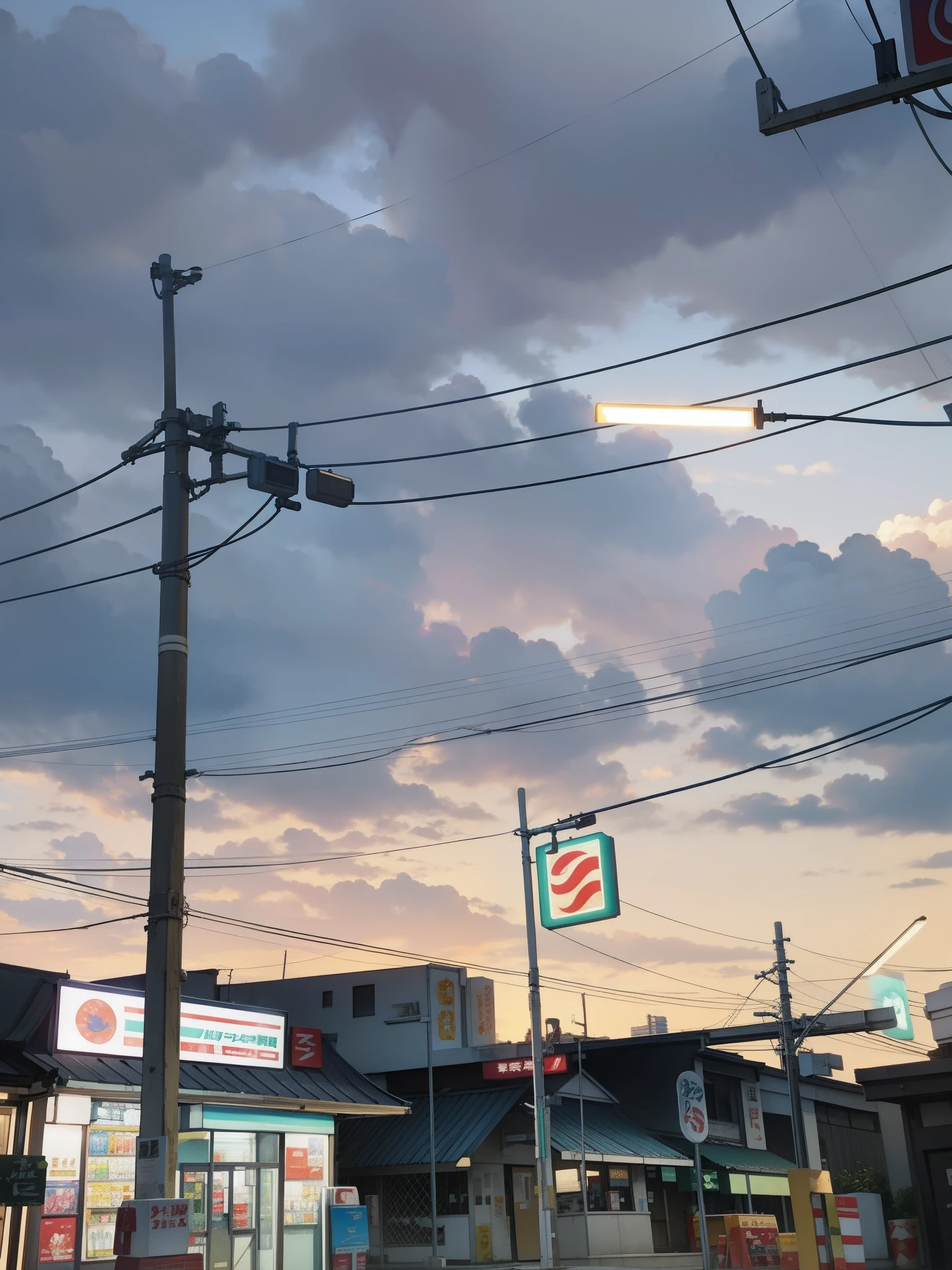 Anime scene by shinkai makoto, 7 eleven convenient store, beautiful sky full of clouds in the background