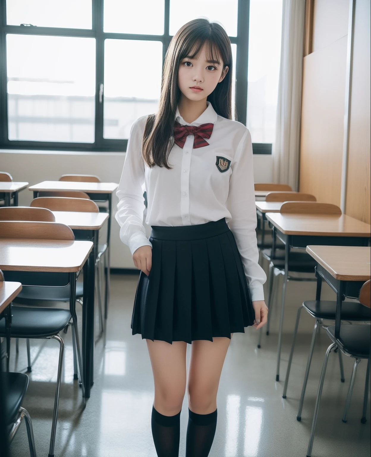 in a school, one-girl, Frontal lobe, cabelos preto e longos, black short skirt, Bao, 生气's, 's, 超詳細, 4K