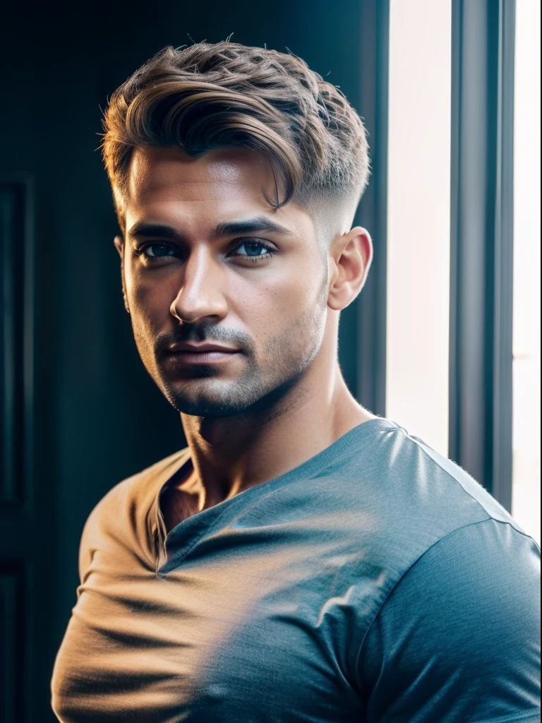 Crie uma ((fotografia realista)) of an insanely handsome (homem de 35 anos), homem (light brown with short hair), homem com (corpo definido), (((wearing a cargo pants e um t-shirt))), ((casual clothing)), de alta qualidade, (qualidade intrincada), (detalhes intrincados), (destaque o homem no centro da foto), em uma (pose sexy e masculina), use uma ((luz intensa difusa sem sombras)), rosto perfeitamente iluminado, foco nos olhos brilhantes e cor de mel, Highlight the big natural lips and big nose, use a melhor qualidade: big nose, chromatic aberration abuse, UHD, retina, masterpiece, ccurate, (((anatomically correct))), textured skin, super detail, high details, high quality, award winning, best quality, highres, 1080P, HD, 4K, 8k, 16k --q 5