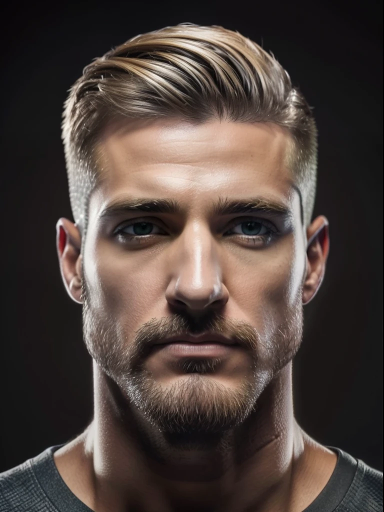 Crie uma ((fotografia realista)) of a handsome (homem de 39 anos), homem (blonde with short military hair), homem com (corpo definido), (((wearing cargo pants e um t-shirt))), ((casual clothing)), de alta qualidade, (qualidade intrincada), (detalhes intrincados), (destaque o homem no centro da foto), em uma (pose sexy e masculina), use uma ((luz intensa difusa sem sombras)), rosto perfeitamente iluminado, foco nos olhos brilhantes e cor de mel, Highlight the big natural lips and big nose, use a melhor qualidade: big nose, chromatic aberration abuse, UHD, retina, masterpiece, ccurate, (((anatomically correct))), textured skin, super detail, high details, high quality, award winning, best quality, highres, 1080P, HD, 4K, 8k, 16k --q 5