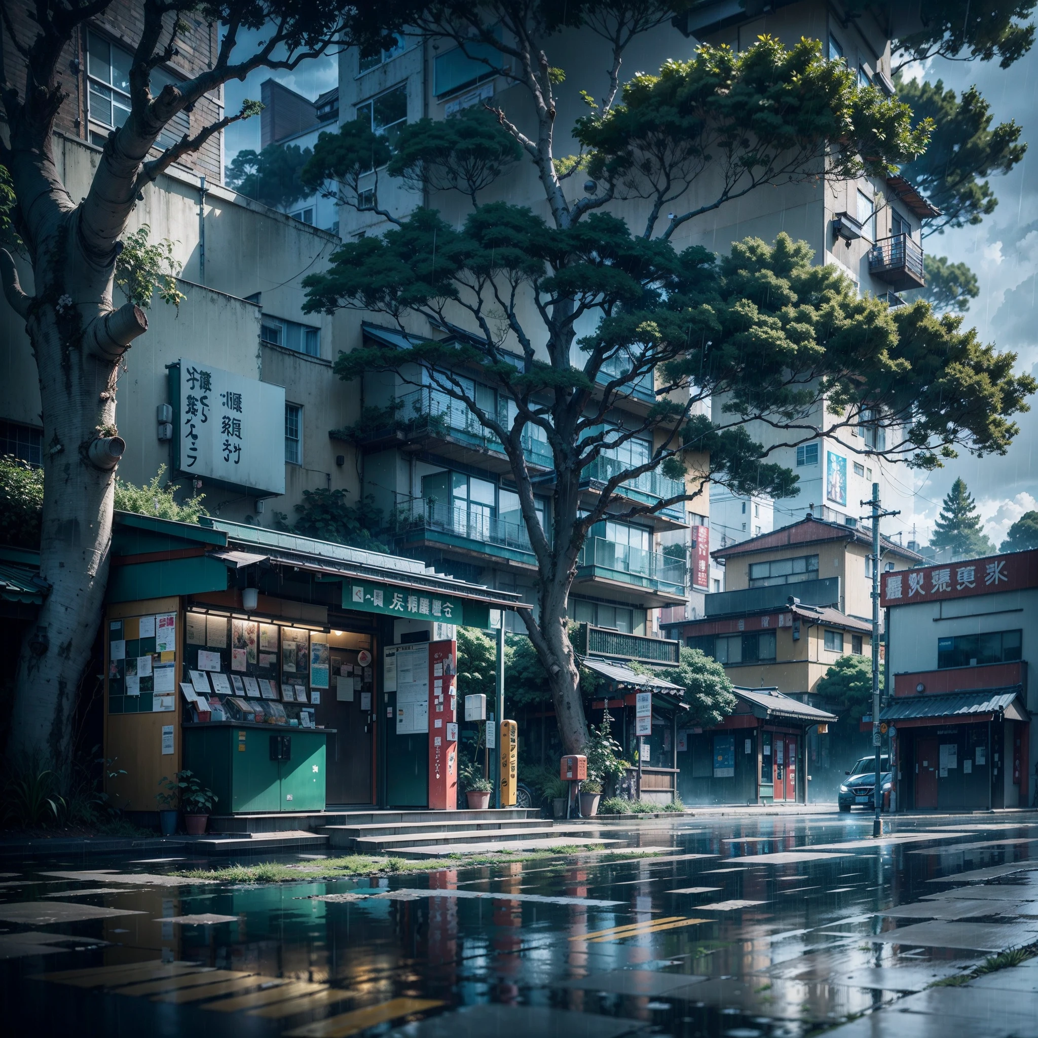 raining, gloomy weather. Japanese bus stop, surrounded by trees and vegetation on one side of the street and modern japanese buildings on the other side. Best quality. No one in sight. Anime. Anime style. lofi. dramatic weather. wide view, wide angle. Next to street. Modern village