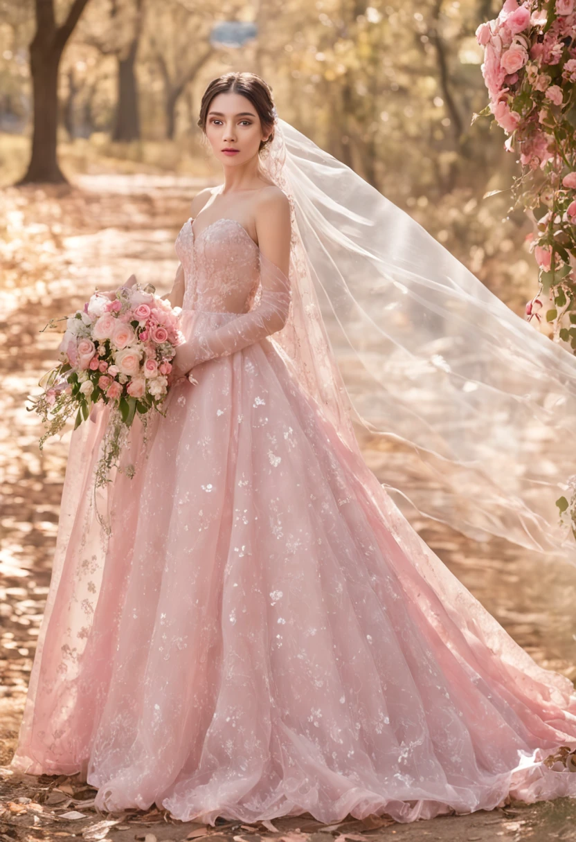 (Full body photograph of 1 girl dressed as a bride with large transparent veil and pink color dress + suave e delicado + cabelos loiros)+(Vestido longo em cores brilhantes, Luz brilhante, Cabelo loiro longo e liso + Olhos brilhantes e acolhedores)+(pink petals+ Brisa suave+ with blue sky and white clouds + Bosques verdes)