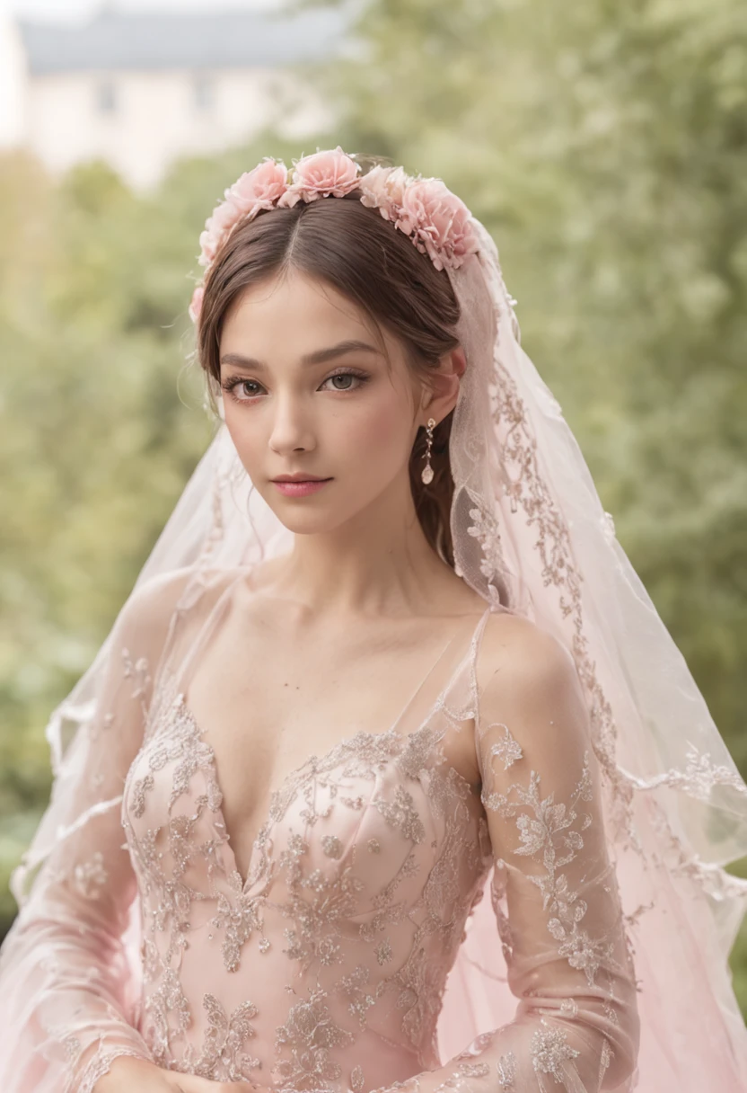 (Full body photograph of 1 girl dressed as a bride with large transparent veil and pink color dress + suave e delicado)+(Vestido longo em cores brilhantes, Luz brilhante, Cabelo loiro longo e liso + Olhos brilhantes e acolhedores)+(pink petals+ Brisa suave+ with blue sky and white clouds + Bosques verdes)),upper body