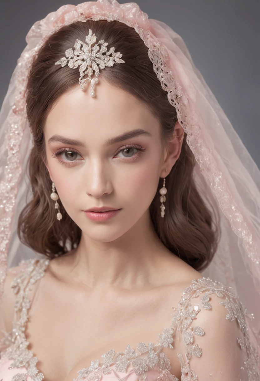 (Full body photograph of 1 girl dressed as a bride with large transparent veil and pink color dress + suave e delicado + cabelos loiros)+(Vestido longo em cores brilhantes, Luz brilhante, Cabelo loiro longo e liso + Olhos brilhantes e acolhedores)+(pink petals+ Brisa suave+ with blue sky and white clouds + Bosques verdes)
