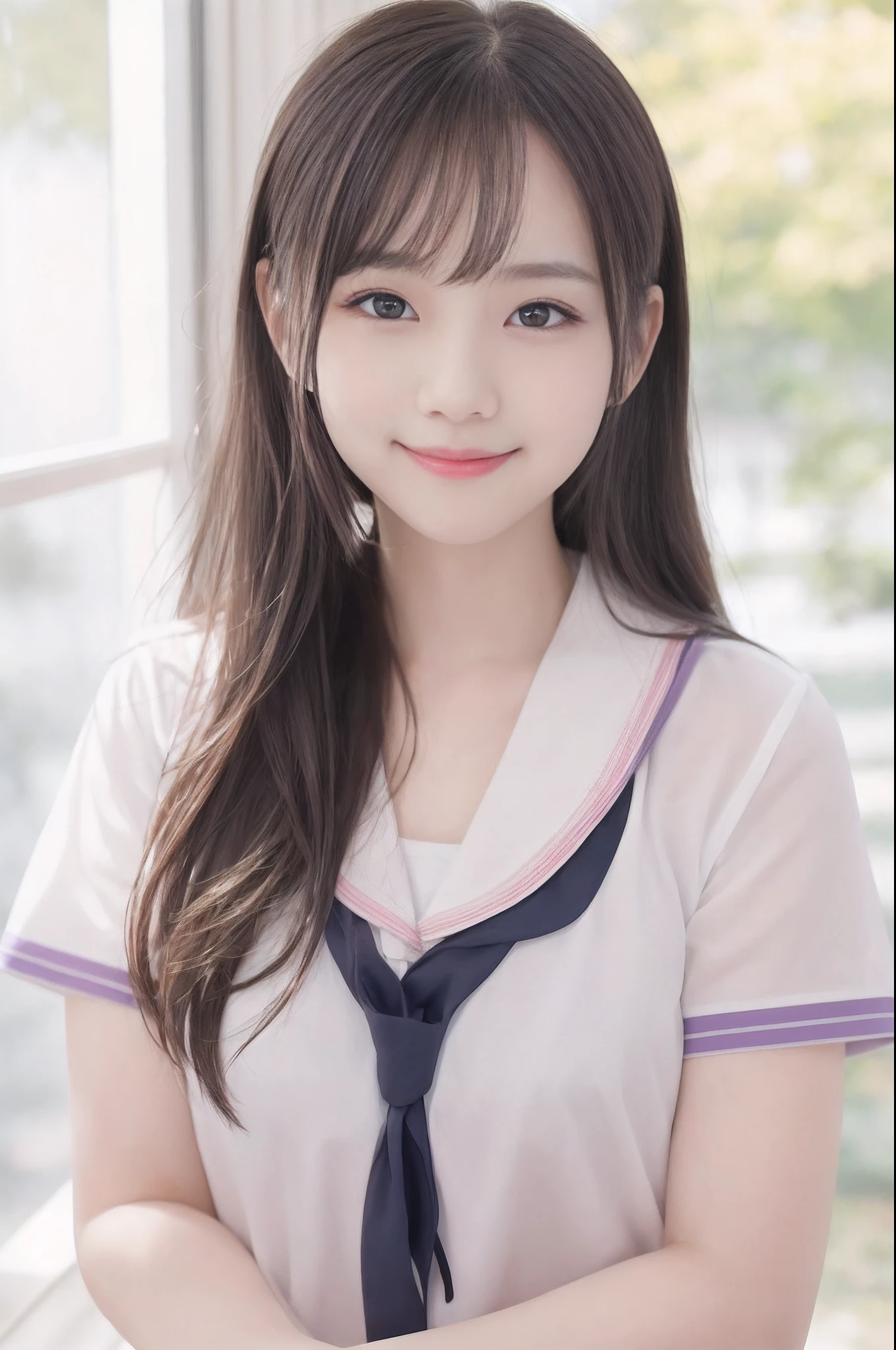 1人、a matural female、校服、a picture、realisticlying、top-quality、adopt、A detailed face、细致背景、Diffused sunlight、depth of fields、Bokeh